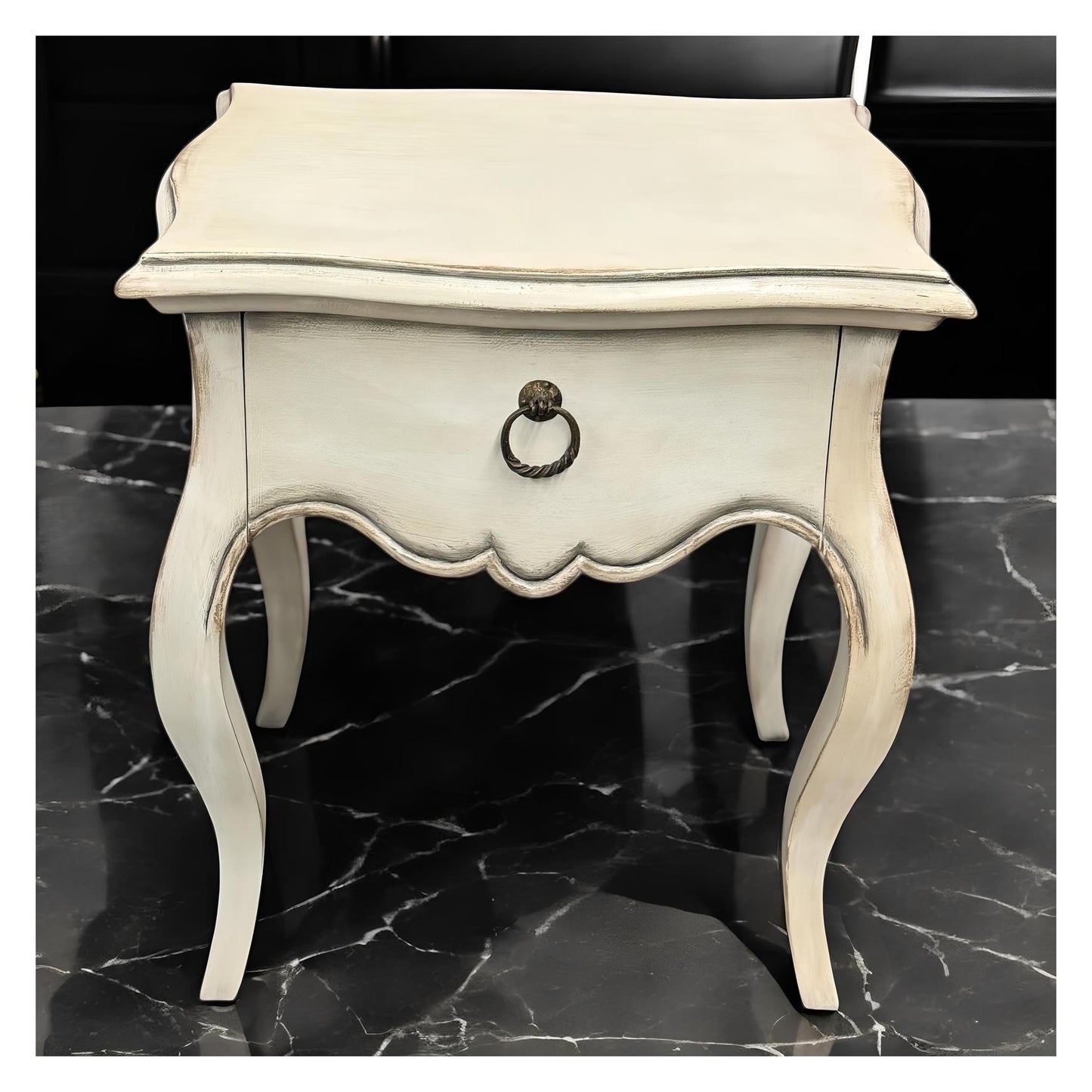 Calista Nightstands (2-Pack), Distressed White, Curved Cabriole Legs With Ring-Pull Drawer