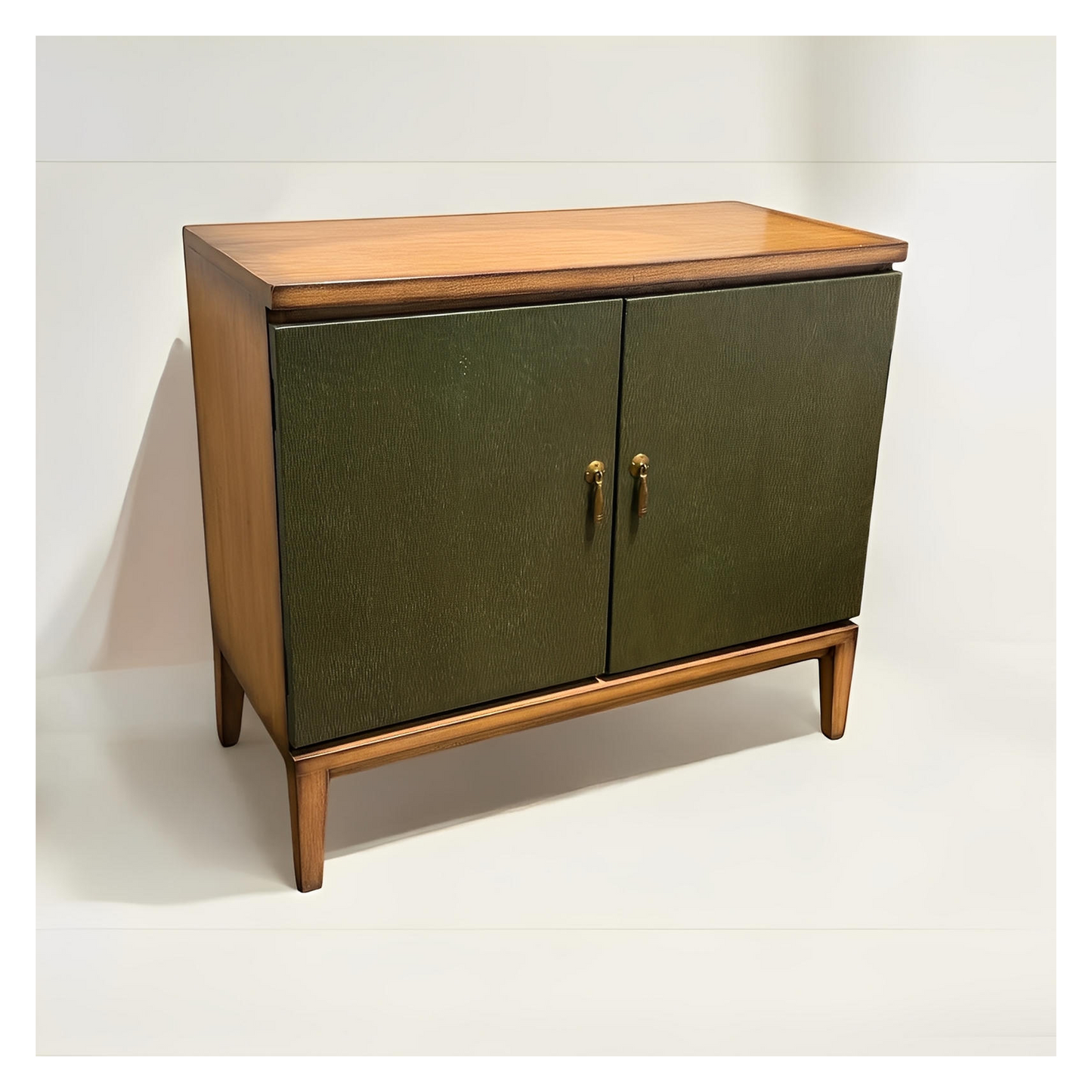 Domme Chest, Olive Green, Mid Century Modern Two Door Cabinet With Brass Knobs And Tapered Legs