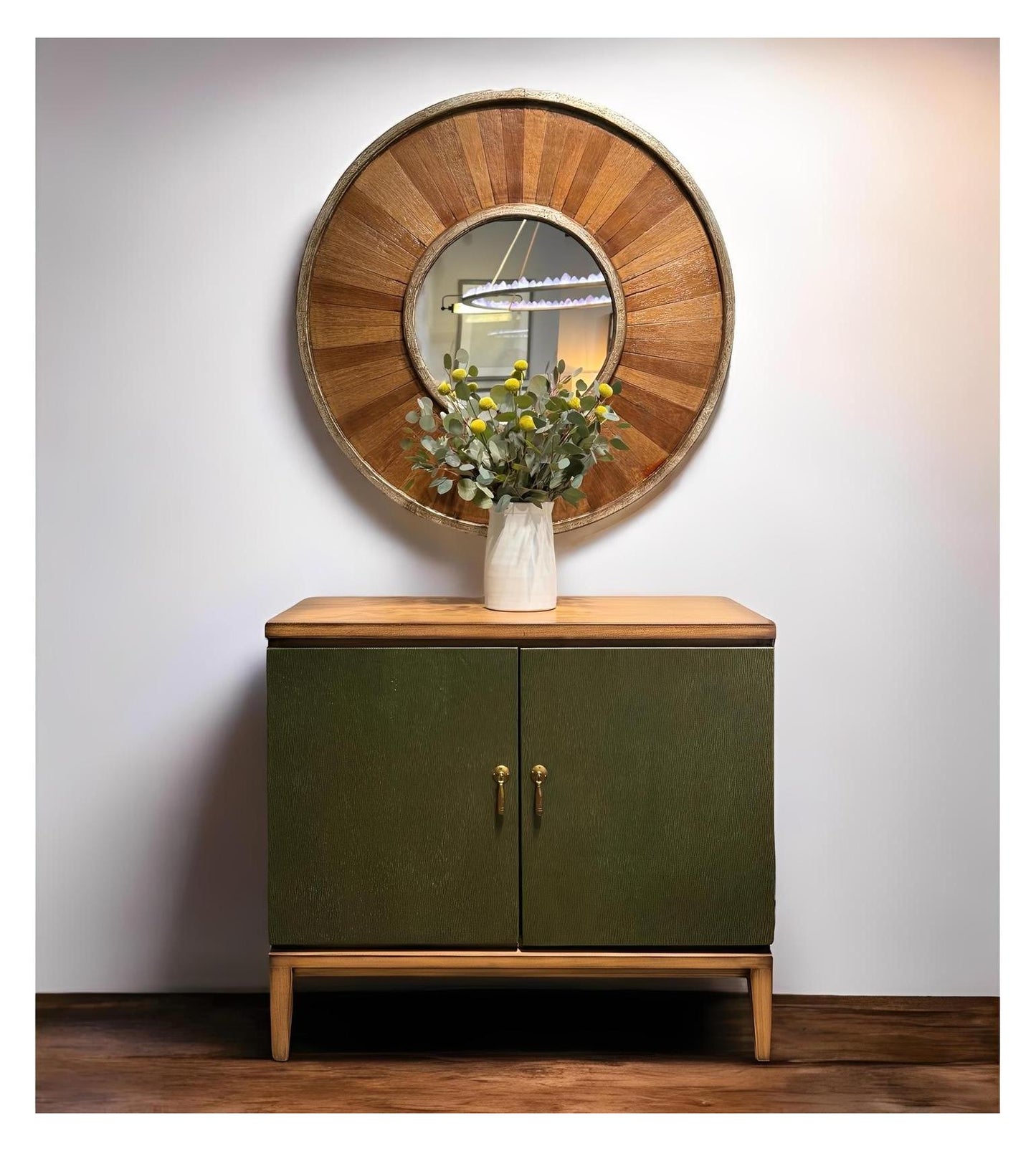 Domme Chest, Olive Green, Mid Century Modern Two Door Cabinet With Brass Knobs And Tapered Legs