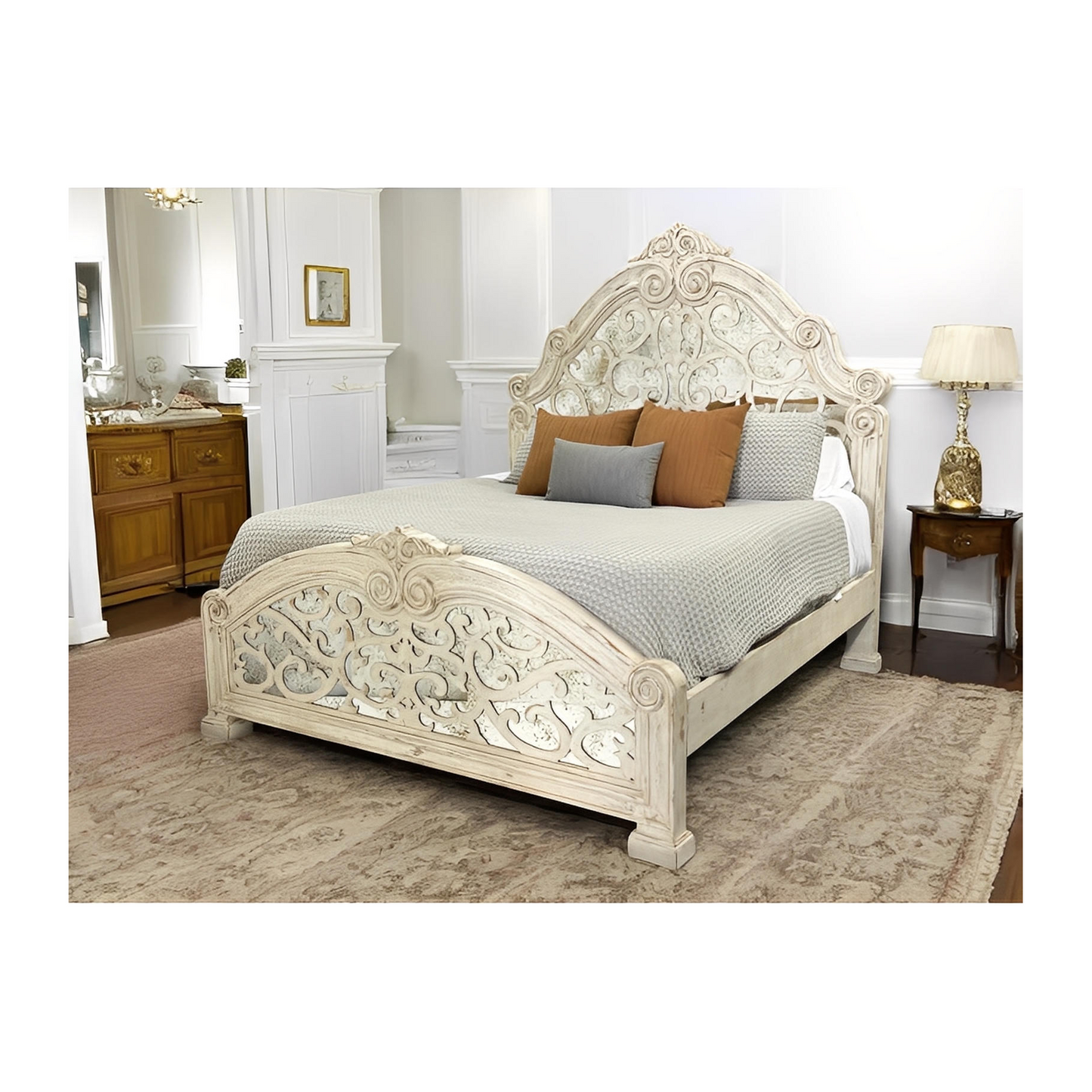 ALBA WAXED OFF WHITE BED 84.5" Tall | Luxury French European Style | Wooden Frame with Antique Mirror Details | Bed Only | Includes Delivery and Assembly