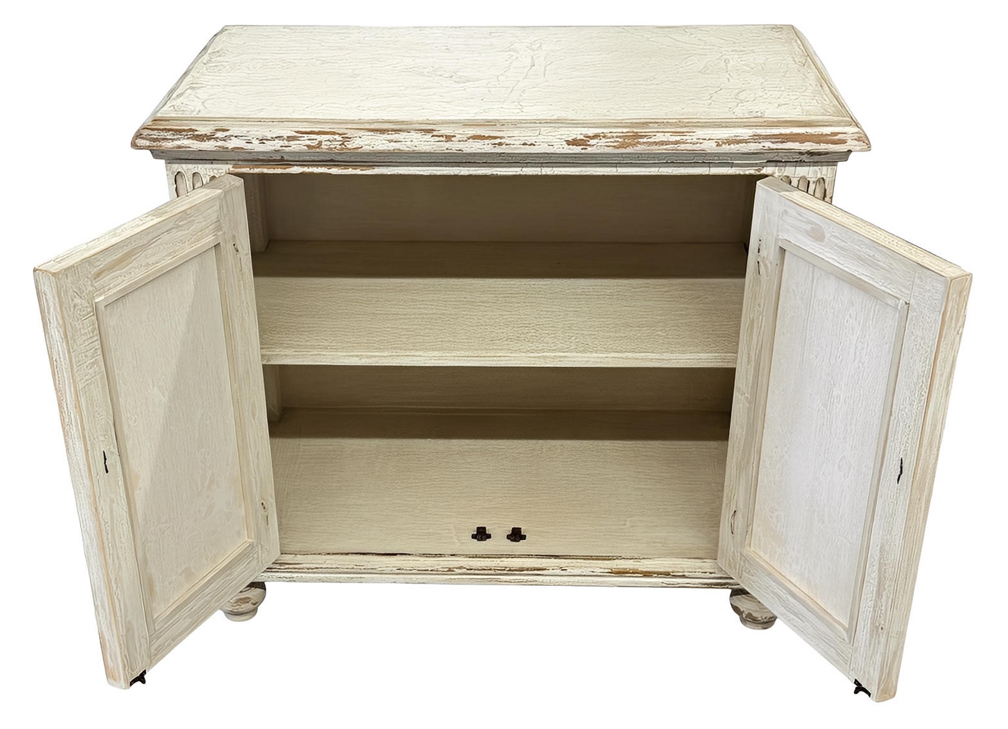 Alba Nightstand Chests (2-Pack), Distressed White, Rustic Scrollwork Glass Panels, Antique Pewter Hardware