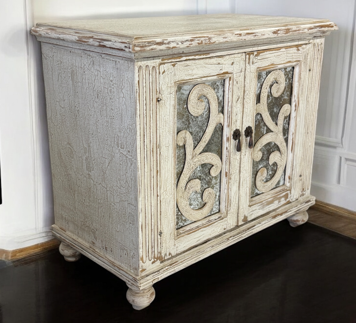 Eze Nightstand Chests (2-Pack), Distressed White, Rustic Scrollwork Glass Panels, Antique Pewter Hardware