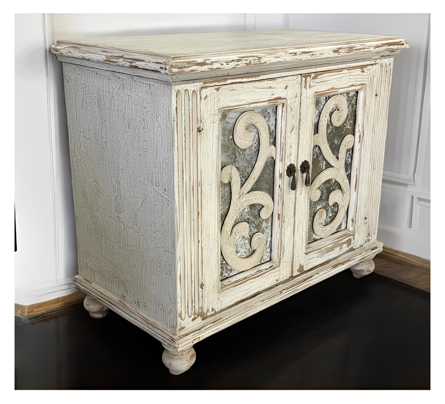 Alba Nightstand Chests (2-Pack), Distressed White, Rustic Scrollwork Glass Panels, Antique Pewter Hardware