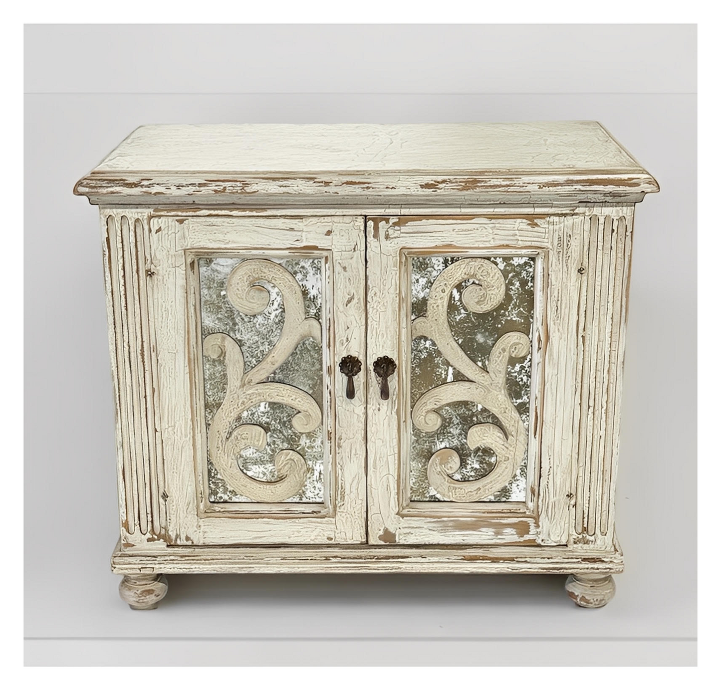 Alba Nightstand Chests (2-Pack), Distressed White, Rustic Scrollwork Glass Panels, Antique Pewter Hardware