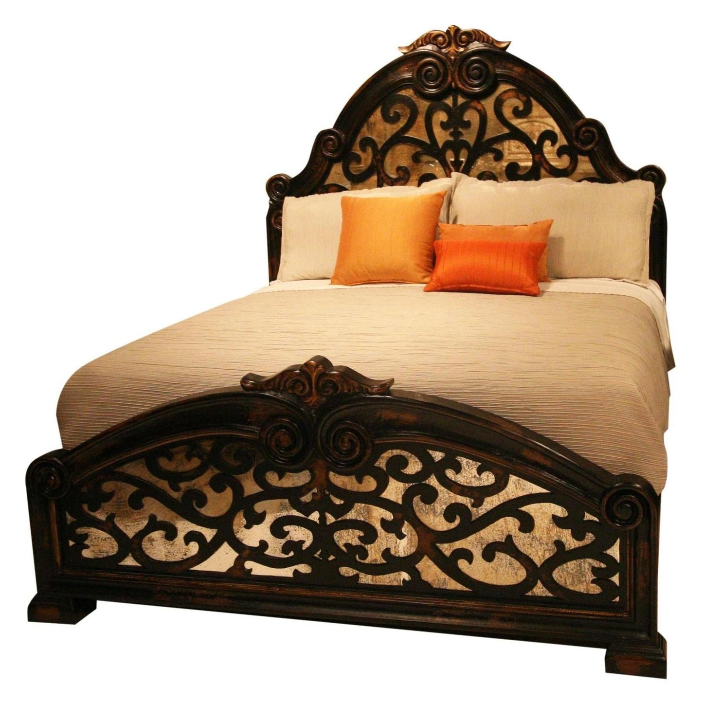 Poitiers Bedroom Set - Dark Hand-Carved Wood - Gold Antique Mirror