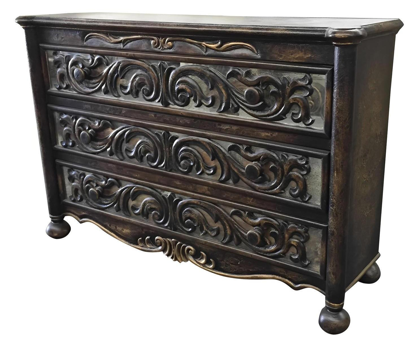 Poitiers II Dresser, Dark Espresso, Hand-Carved Ornate Scrollwork With Aged Patina And Scalloped Apron