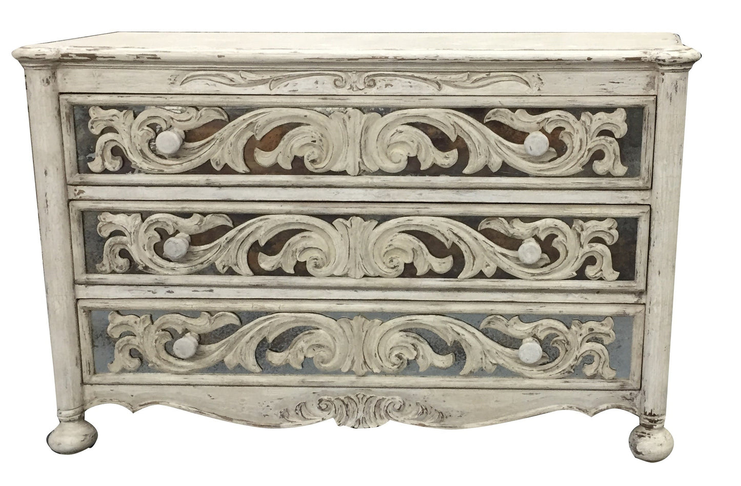 Guérande Dresser, Antique White Distressed Finish, Hand Carved Scrollwork With Gray Drawer Panels