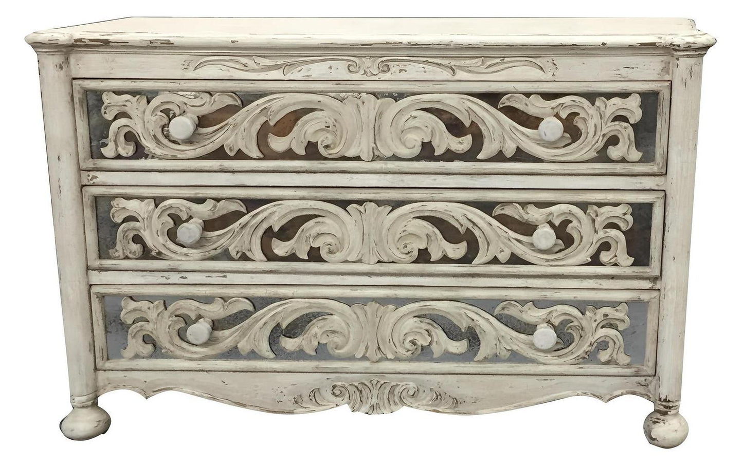 Alba Dresser, Antique White Distressed Finish, Hand Carved Scrollwork With Gray Drawer Panels