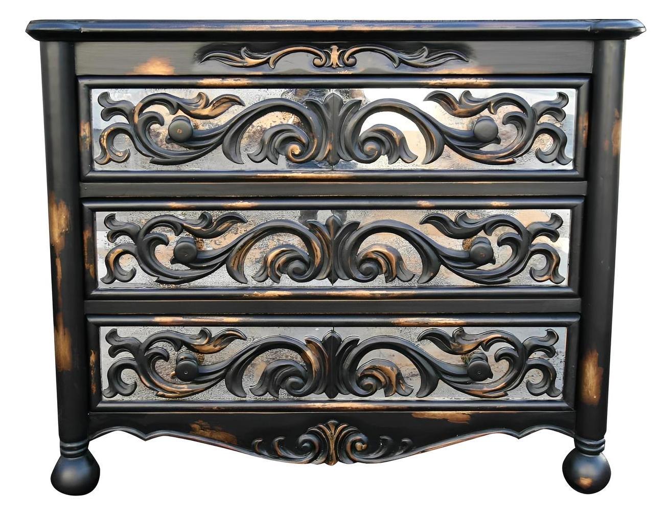 La Couvertoirade Dresser, Black, Hand-Carved Scrollwork On Drawer Fronts With Aged Silver Panels