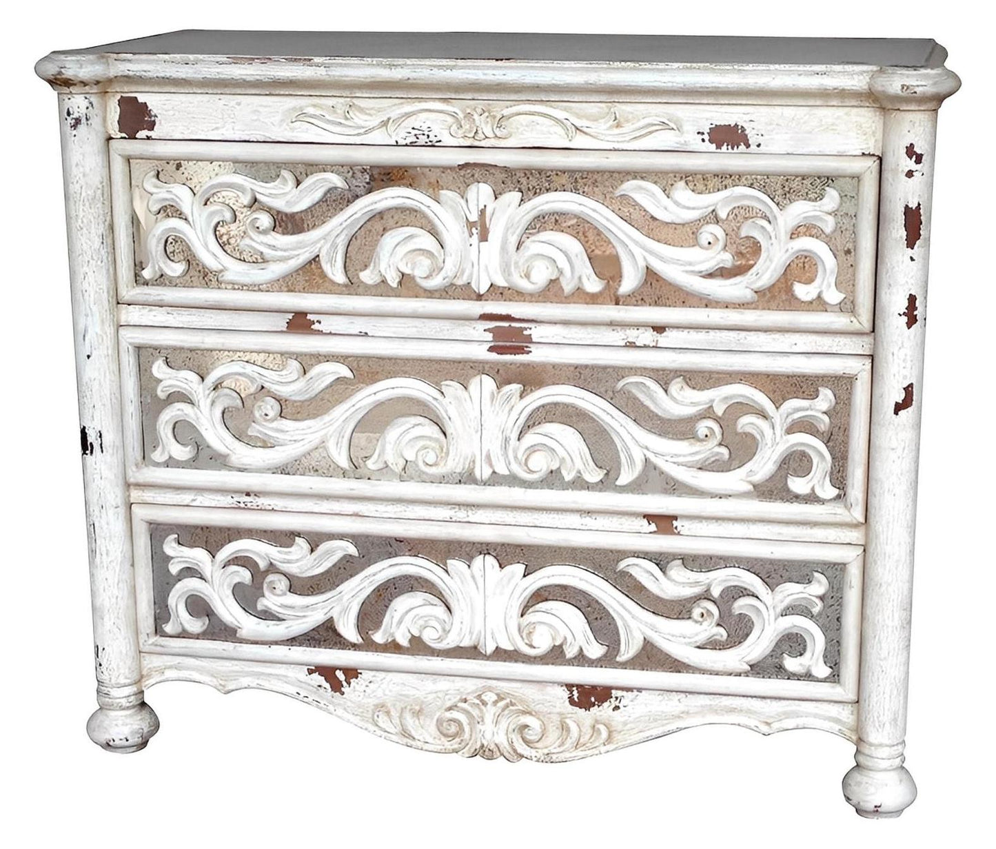 Kientzheim Dresser, Distressed White, Intricate Carved Scrollwork Fronts