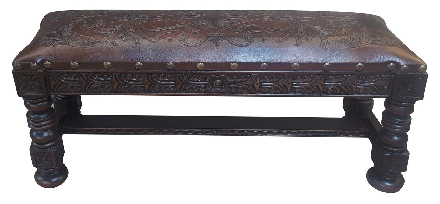 Archambault Bench, Dark Brown Leather, Hand-Carved Floral Relief and Nailhead Trim