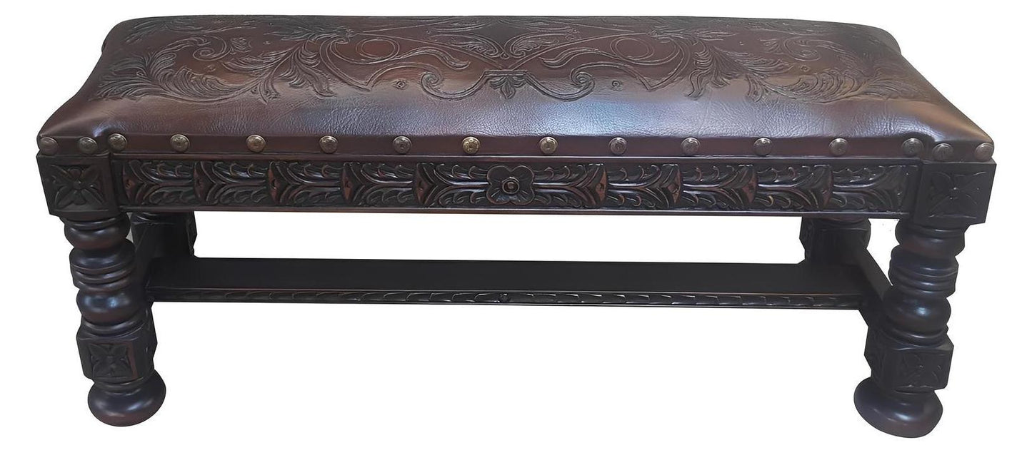 Archambault Bench, Dark Brown Leather, Hand-Carved Floral Relief and Nailhead Trim