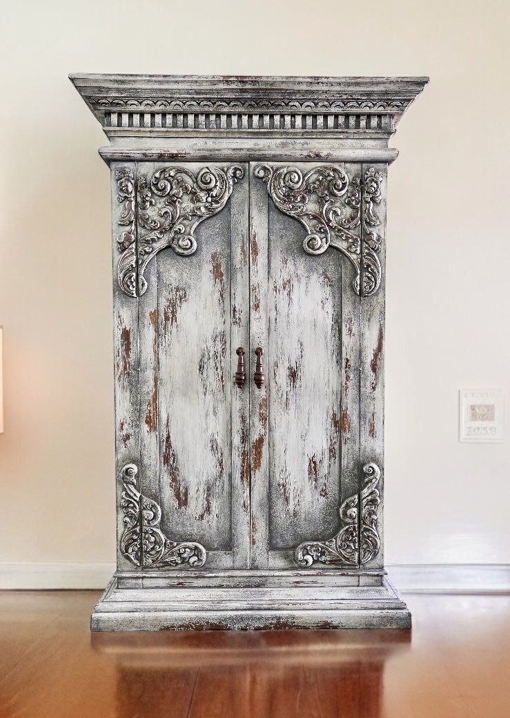 Bayeux Armoire, Distressed Whitewashed Gray, Ornate Carved Scrollwork Detailing