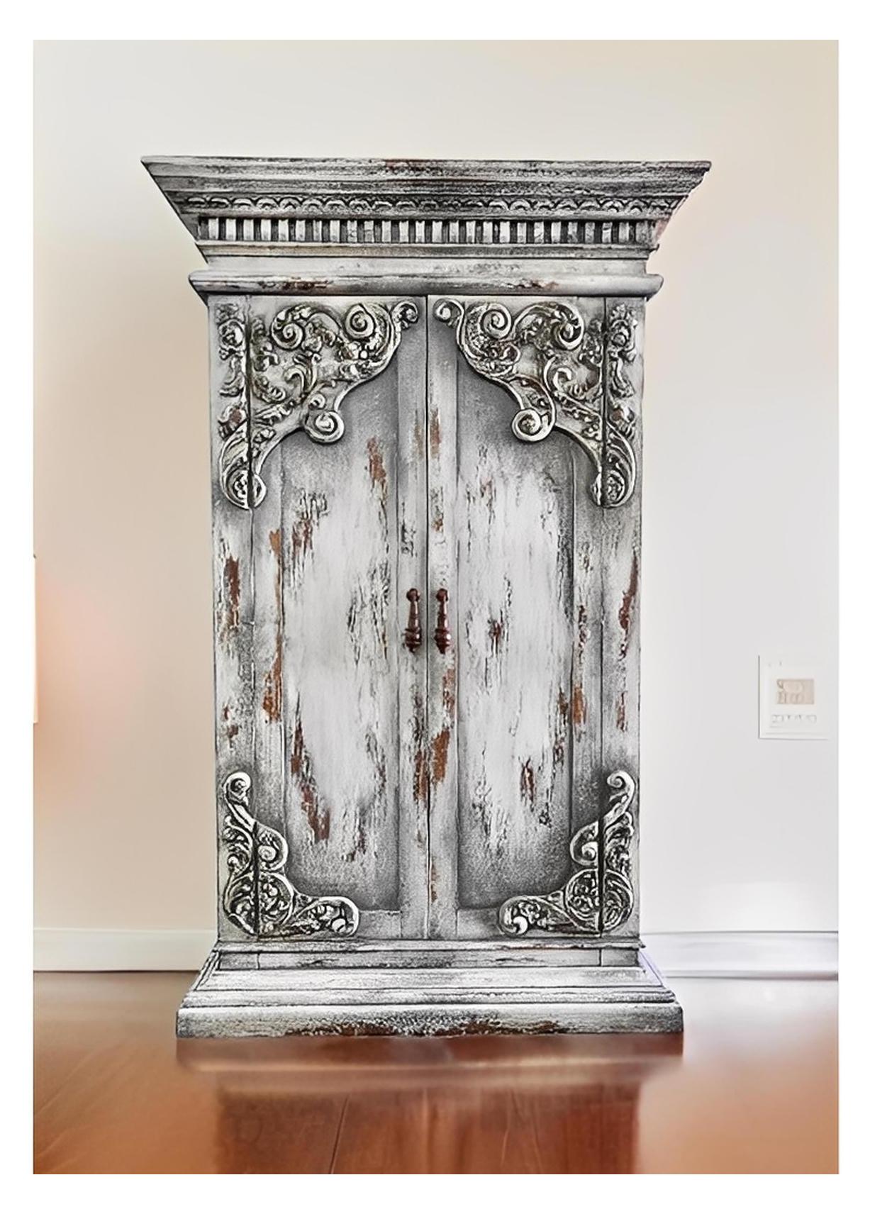 Bayeux Armoire, Distressed Whitewashed Gray, Ornate Carved Scrollwork Detailing