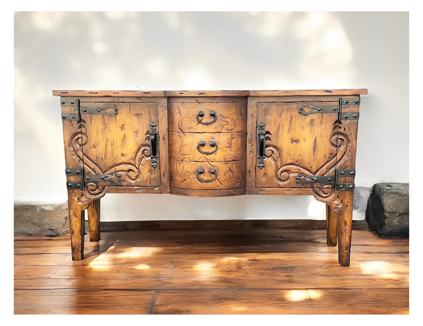 Montgeoffroy Aged Walnut Dining Room Buffet Table Handmade Solid Wood With Ornate Iron Hinges 18 x 64.5 x 38