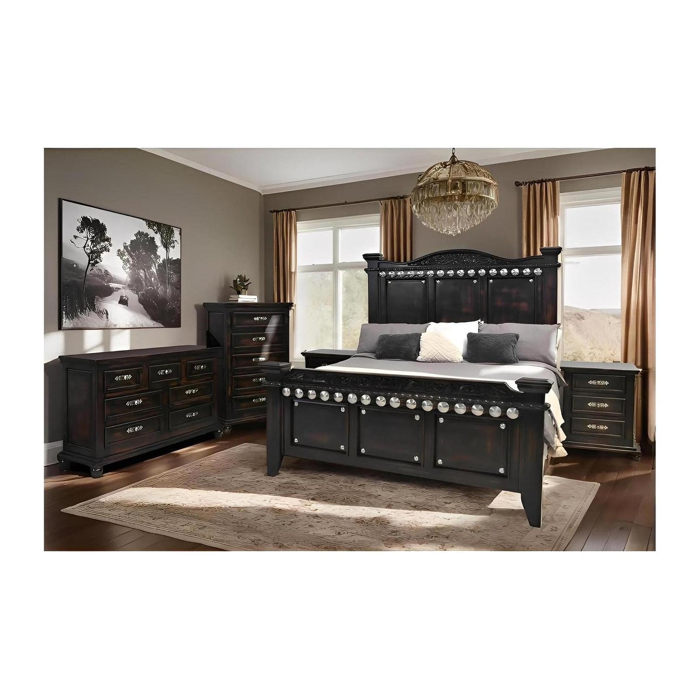 Night Moon Distressed Black Hand-Carved Wood Bedroom Set - 4-Piece - Includes Full Service Delivery