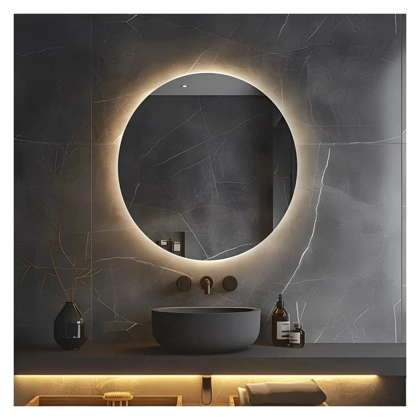 Round Backlit LED Bathroom Vanity Mirror - Adjustable Brightness and Color Temperature - Anti-Fog