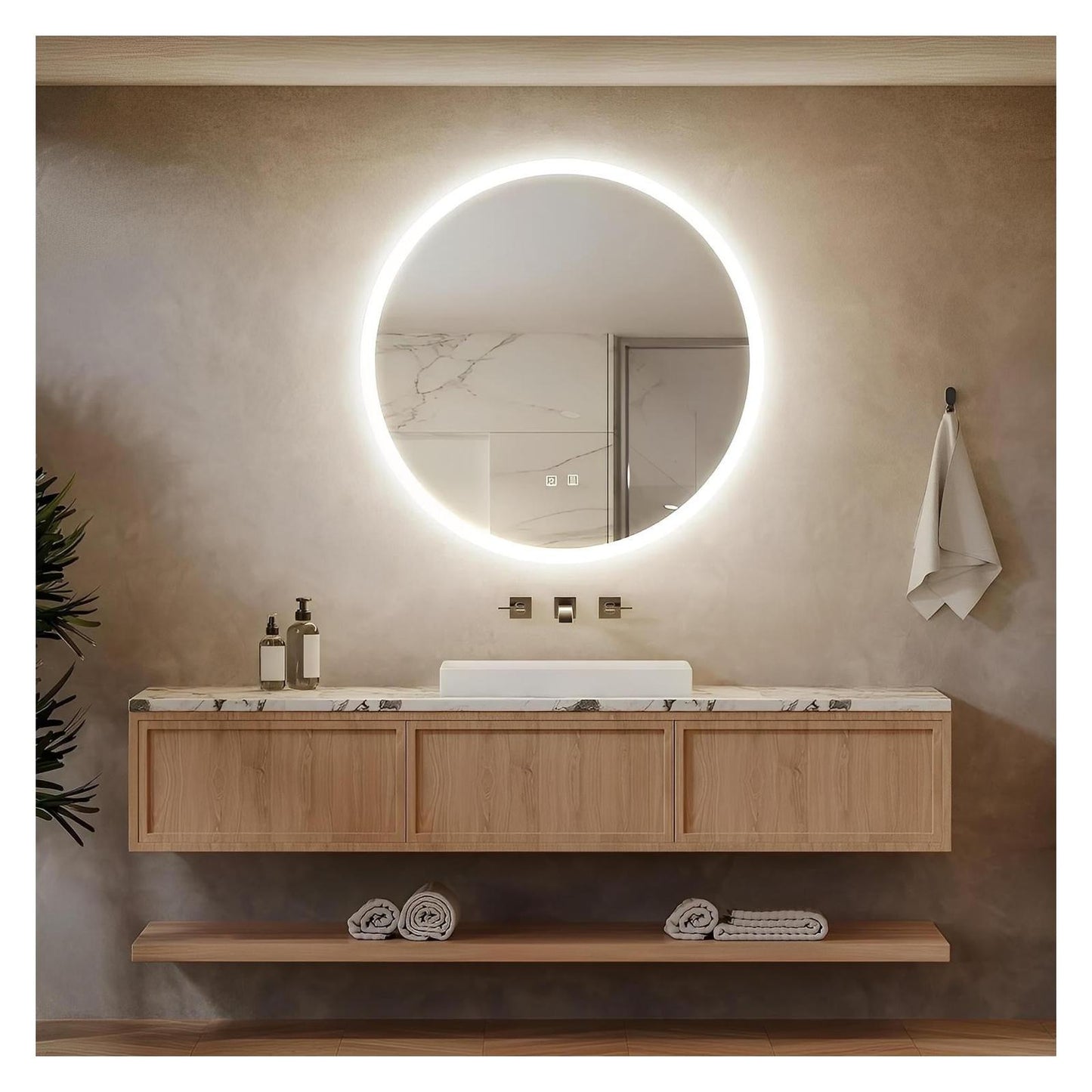 Round LED Bathroom Vanity Mirror With Dimmable Lights - Adjustable Brightness and Color Temperature - Anti-Fog