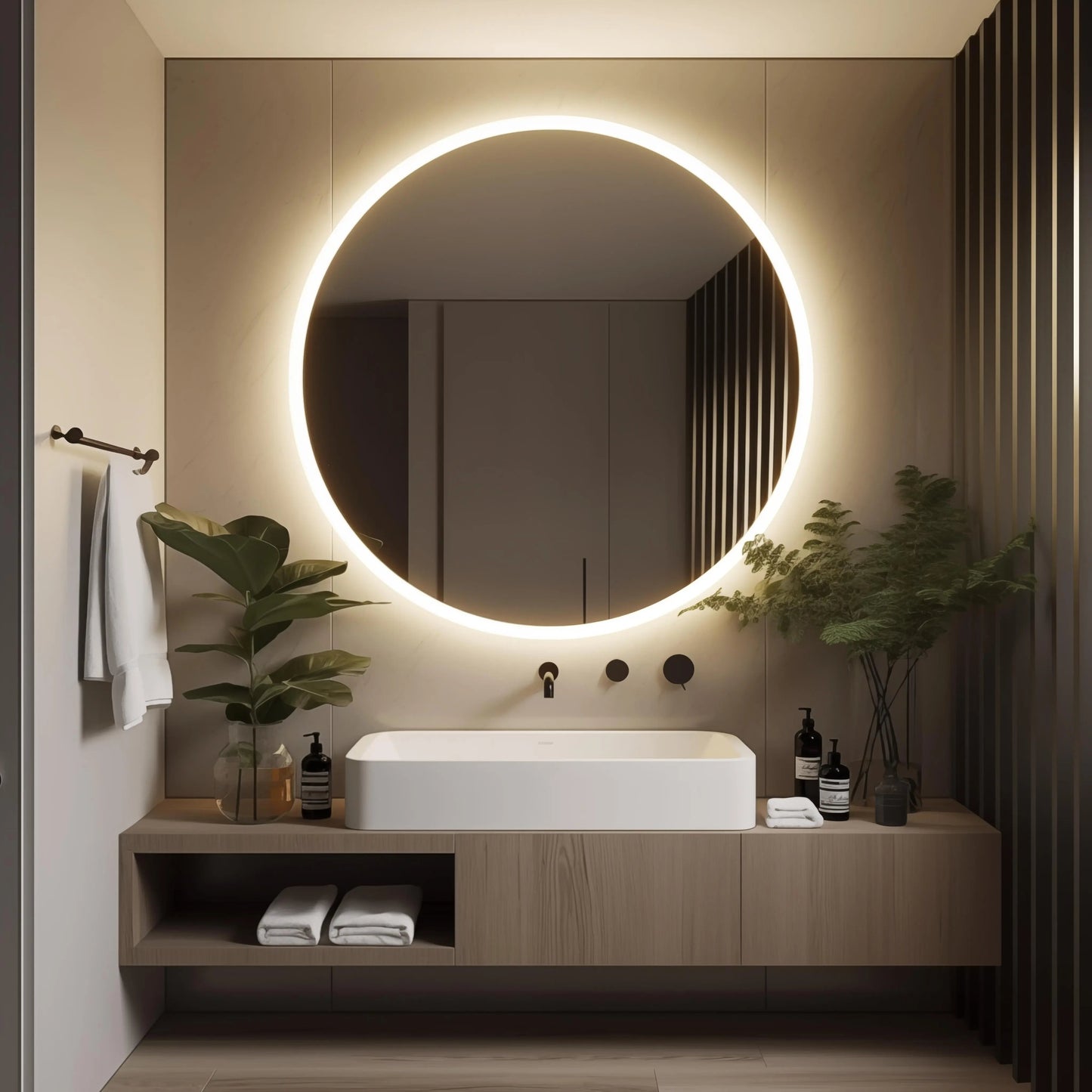 Round LED Bathroom Vanity Mirror With Dimmable Lights - Adjustable Brightness and Color Temperature - Anti-Fog