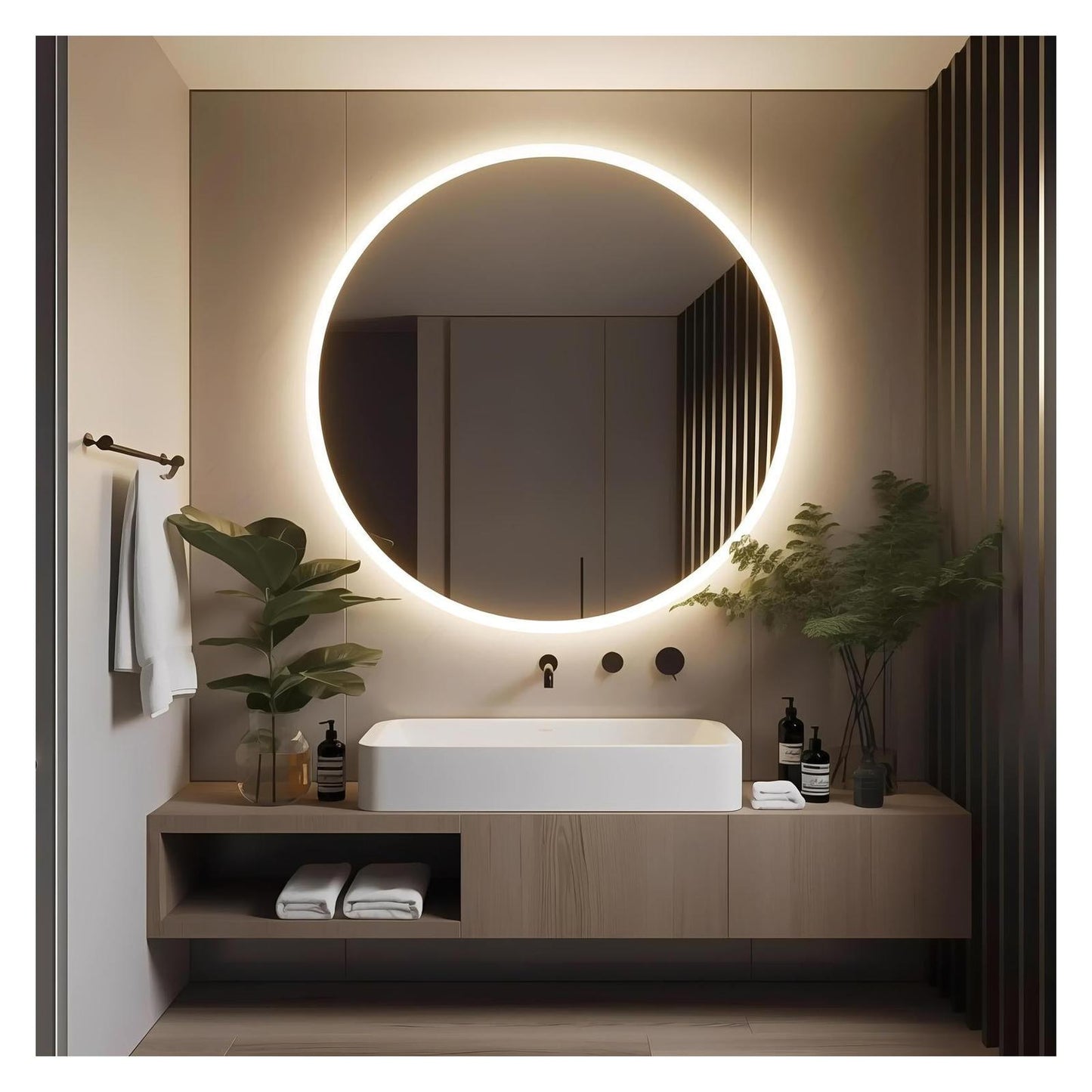 Round LED Bathroom Vanity Mirror With Dimmable Lights - Adjustable Brightness and Color Temperature - Anti-Fog