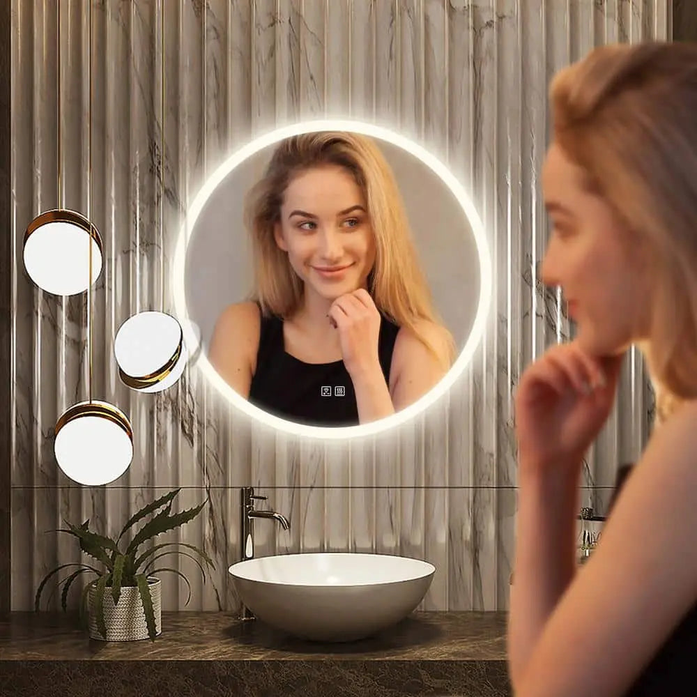 Round LED Bathroom Vanity Mirror With Dimmable Lights - Adjustable Brightness and Color Temperature - Anti-Fog