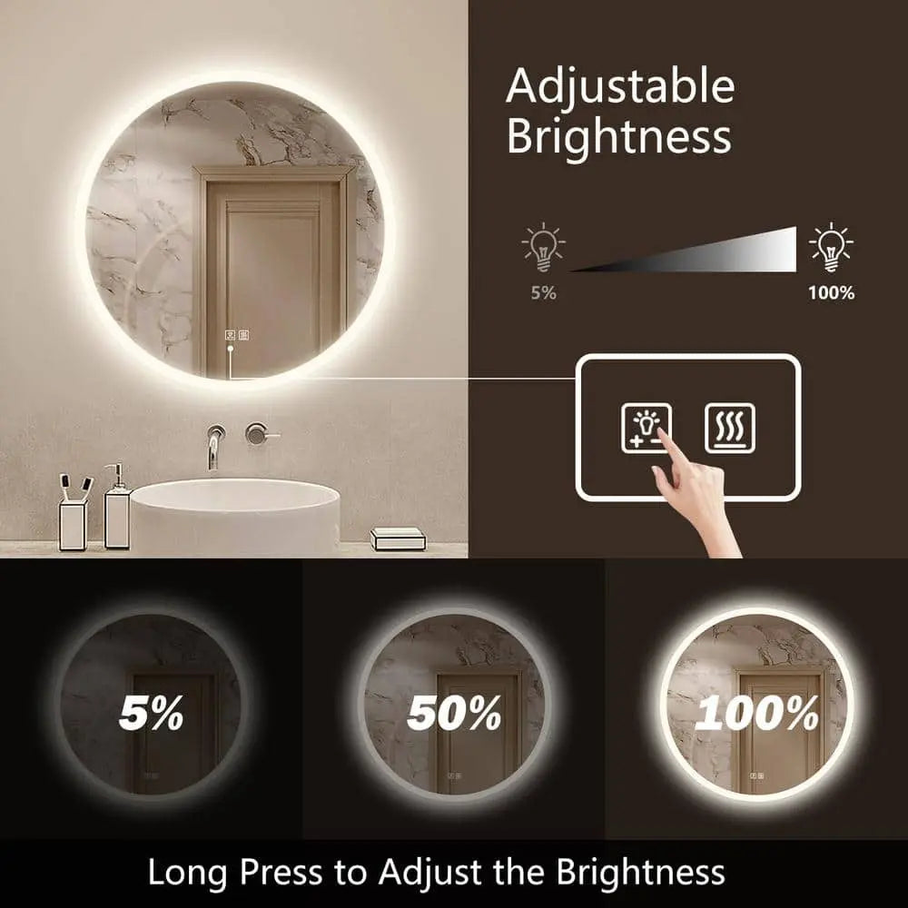 Round LED Bathroom Vanity Mirror With Dimmable Lights - Adjustable Brightness and Color Temperature - Anti-Fog