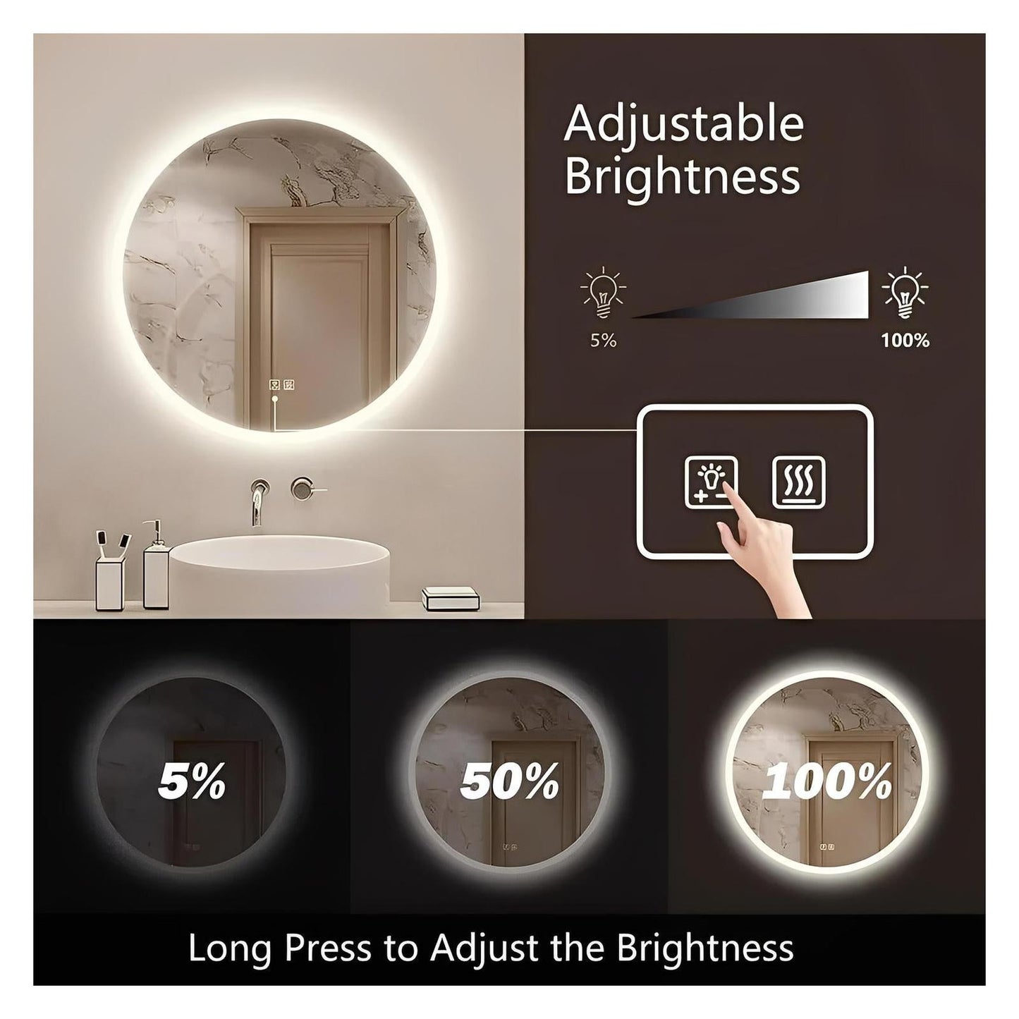 Round LED Bathroom Vanity Mirror With Dimmable Lights - Adjustable Brightness and Color Temperature - Anti-Fog