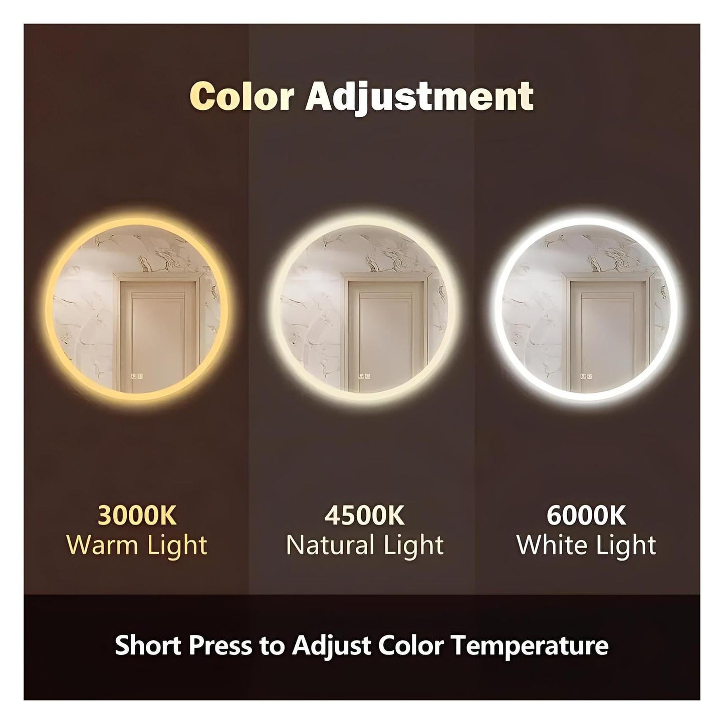 Round LED Bathroom Vanity Mirror With Dimmable Lights - Adjustable Brightness and Color Temperature - Anti-Fog