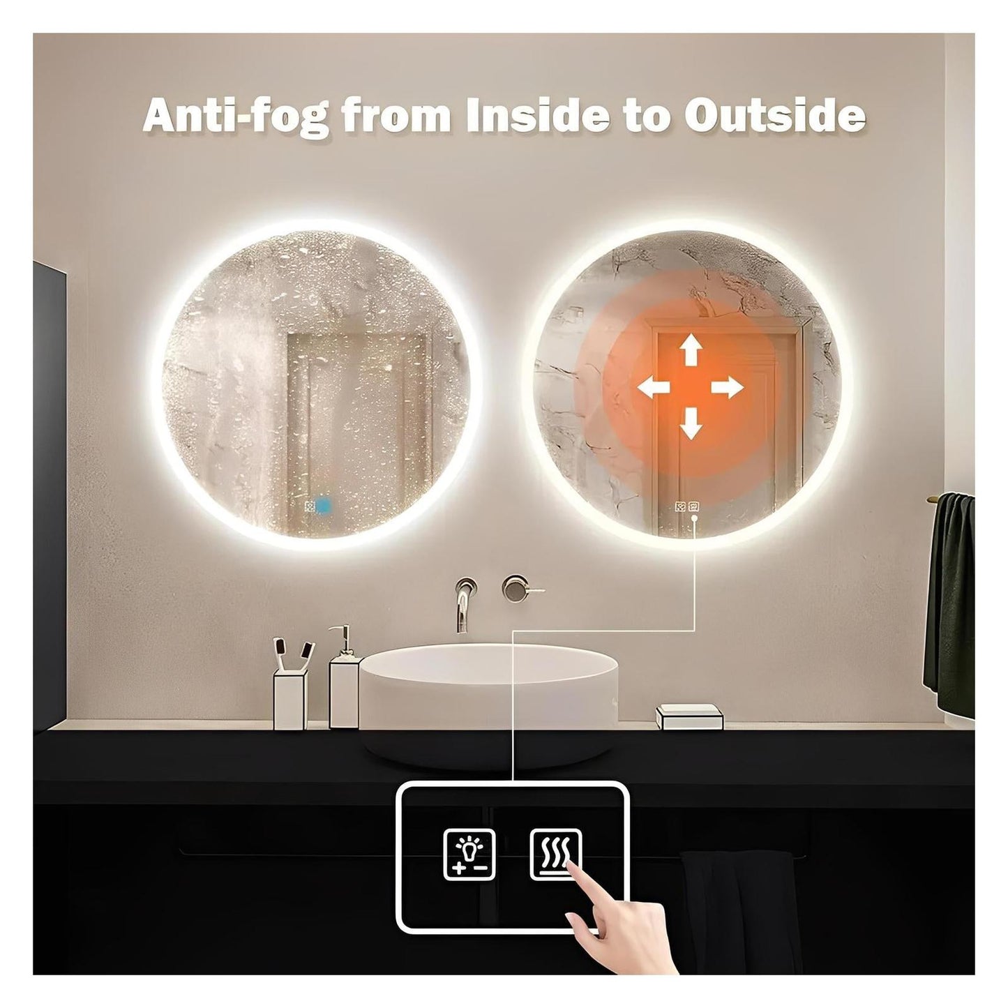 Round LED Bathroom Vanity Mirror With Dimmable Lights - Adjustable Brightness and Color Temperature - Anti-Fog