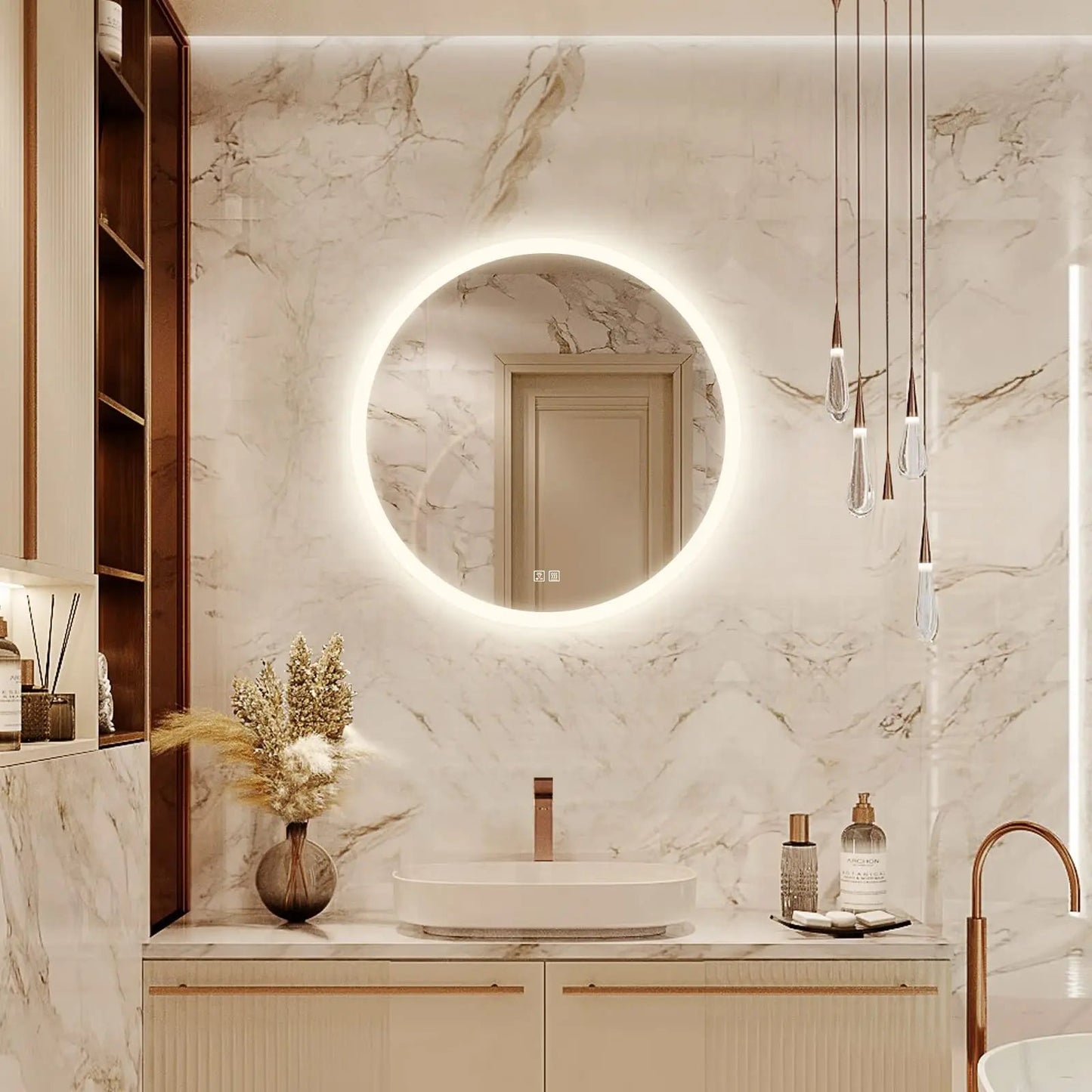 Round LED Bathroom Vanity Mirror With Dimmable Lights - Adjustable Brightness and Color Temperature - Anti-Fog