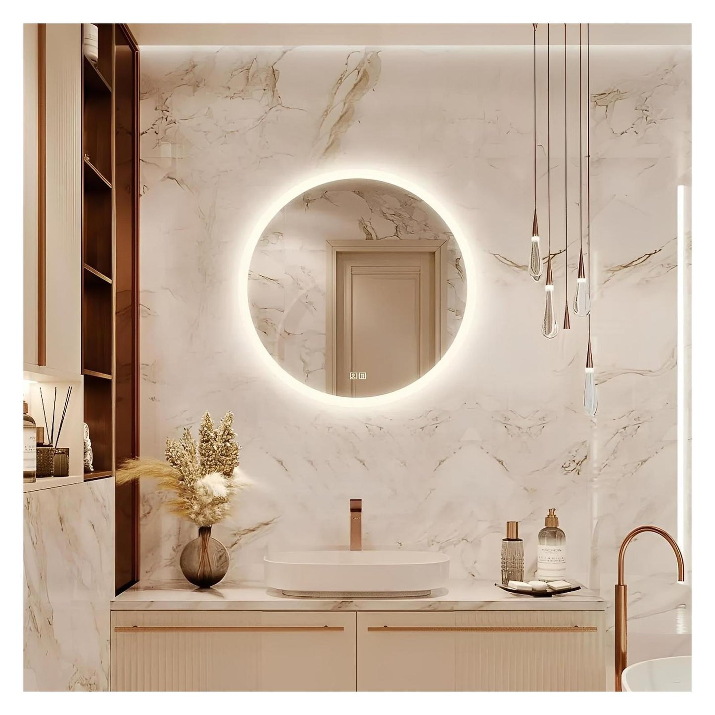 Round LED Bathroom Vanity Mirror With Dimmable Lights - Adjustable Brightness and Color Temperature - Anti-Fog