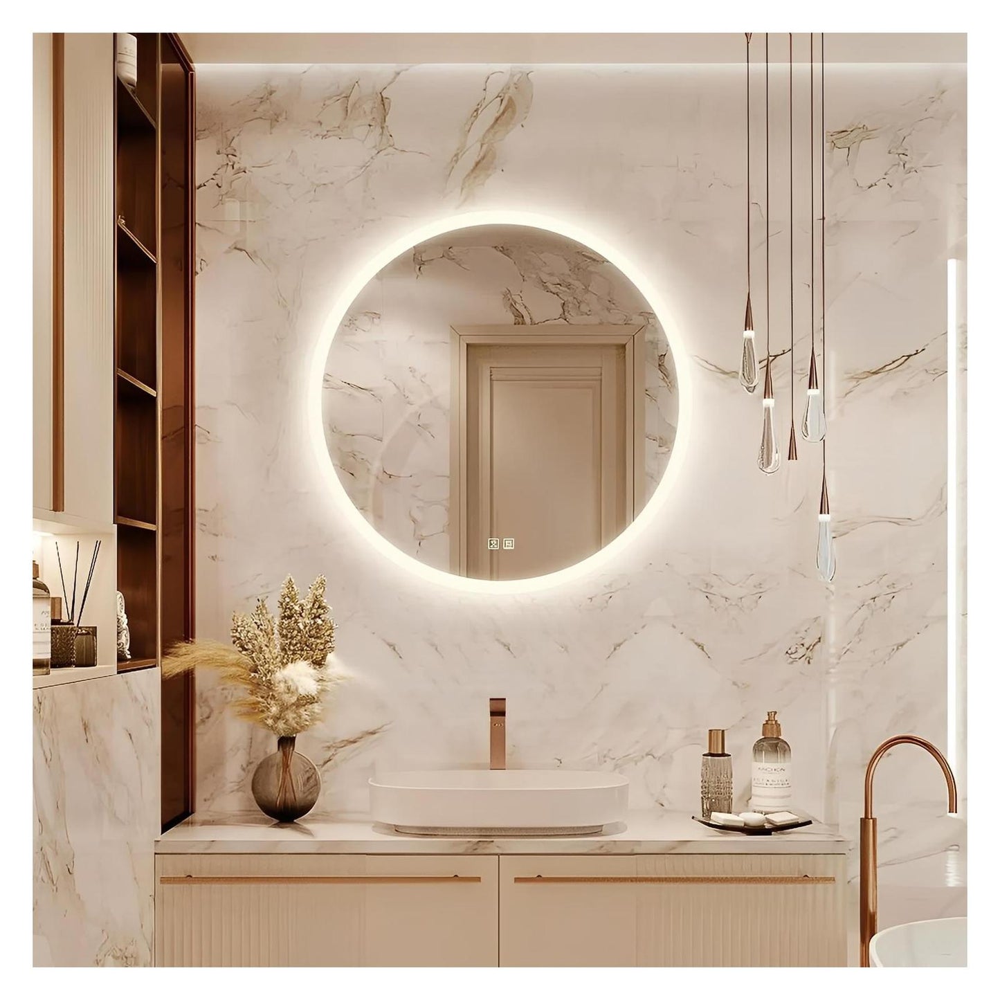 Round LED Bathroom Vanity Mirror With Dimmable Lights - Adjustable Brightness and Color Temperature - Anti-Fog