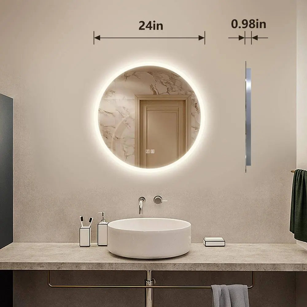 Round LED Bathroom Vanity Mirror With Dimmable Lights - Adjustable Brightness and Color Temperature - Anti-Fog
