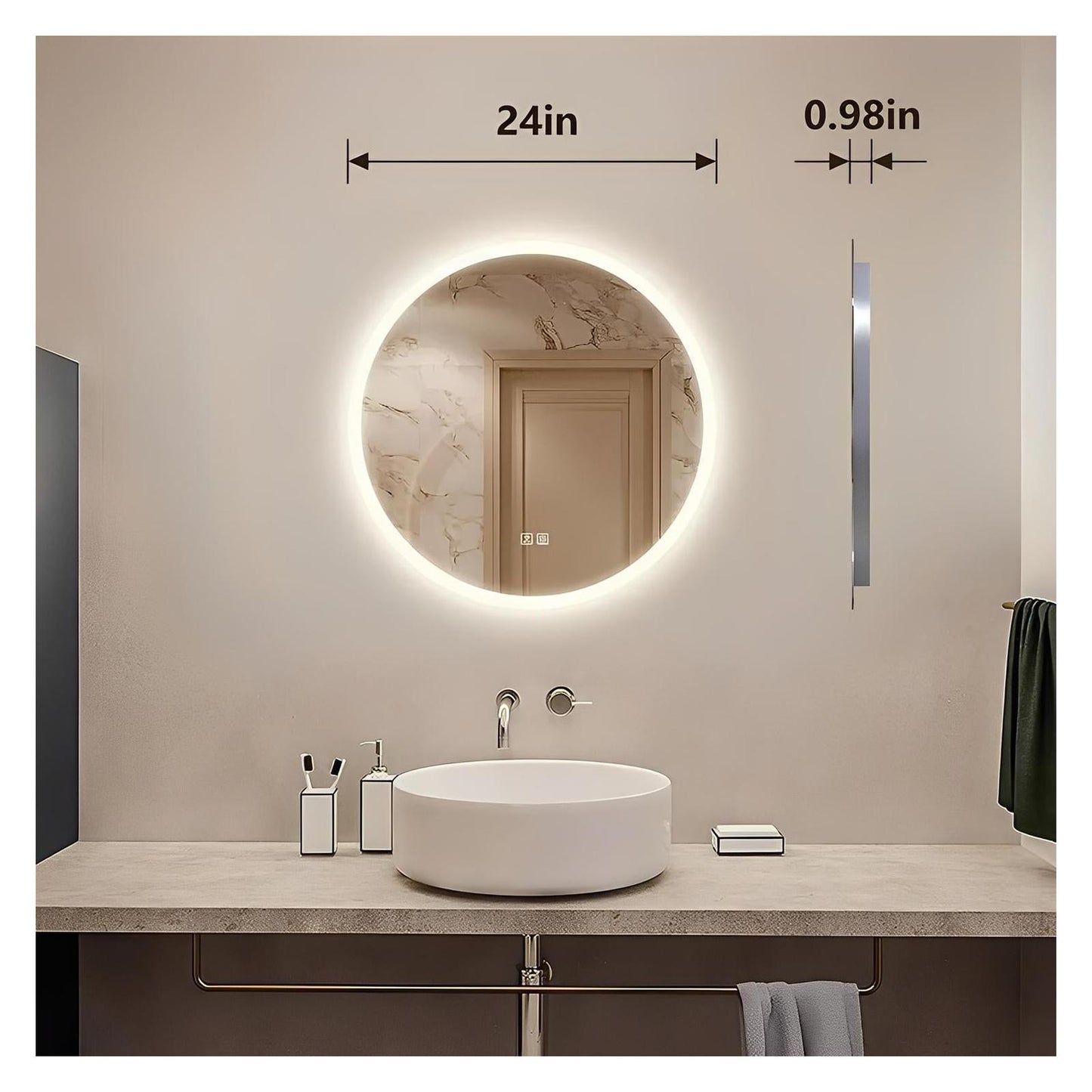 Round LED Bathroom Vanity Mirror With Dimmable Lights - Adjustable Brightness and Color Temperature - Anti-Fog