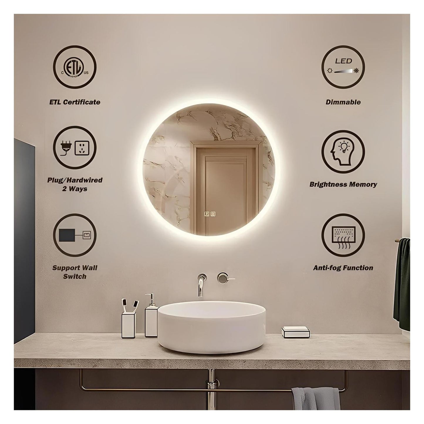 Round LED Bathroom Vanity Mirror With Dimmable Lights - Adjustable Brightness and Color Temperature - Anti-Fog