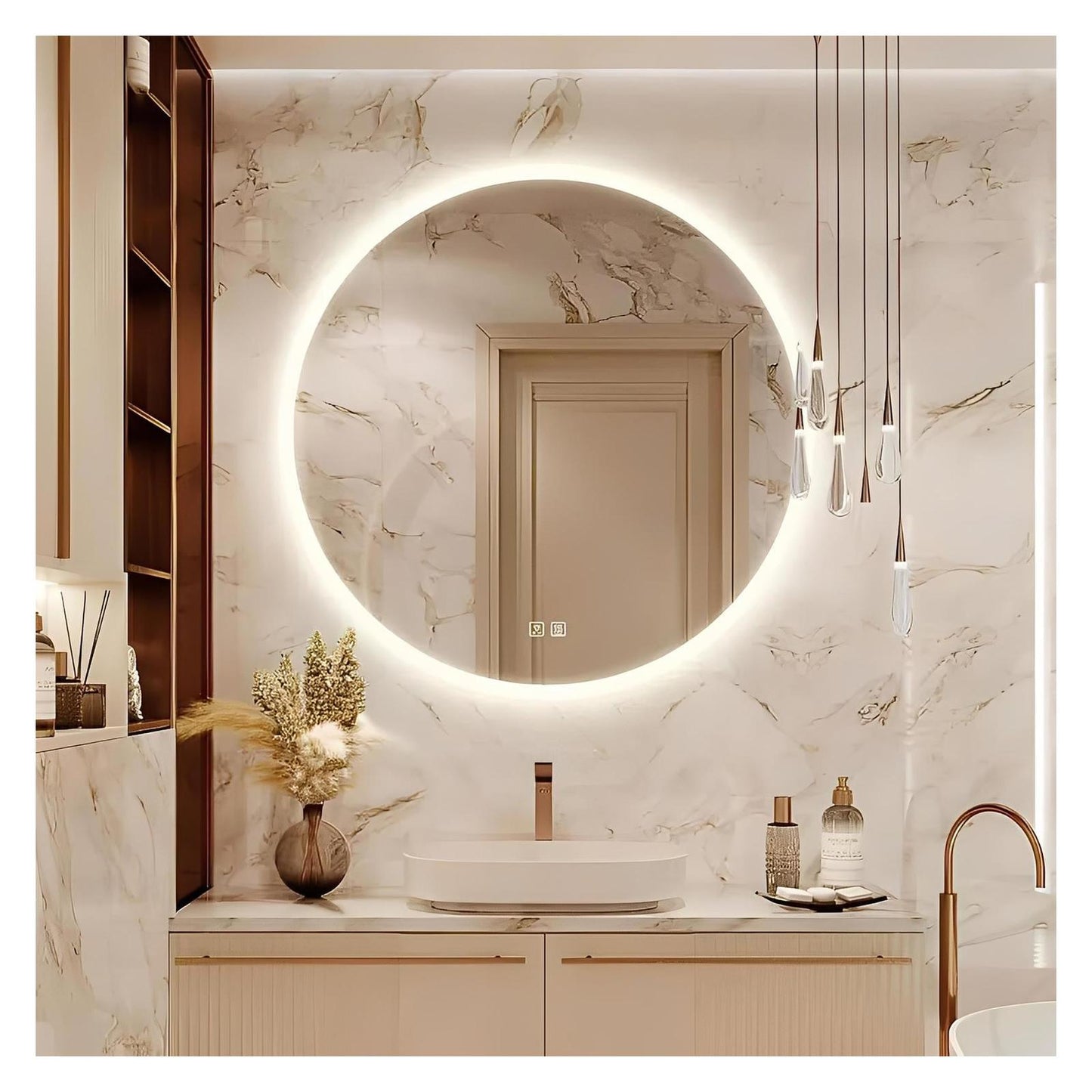 Round LED Bathroom Vanity Mirror With Dimmable Lights - Adjustable Brightness and Color Temperature - Anti-Fog