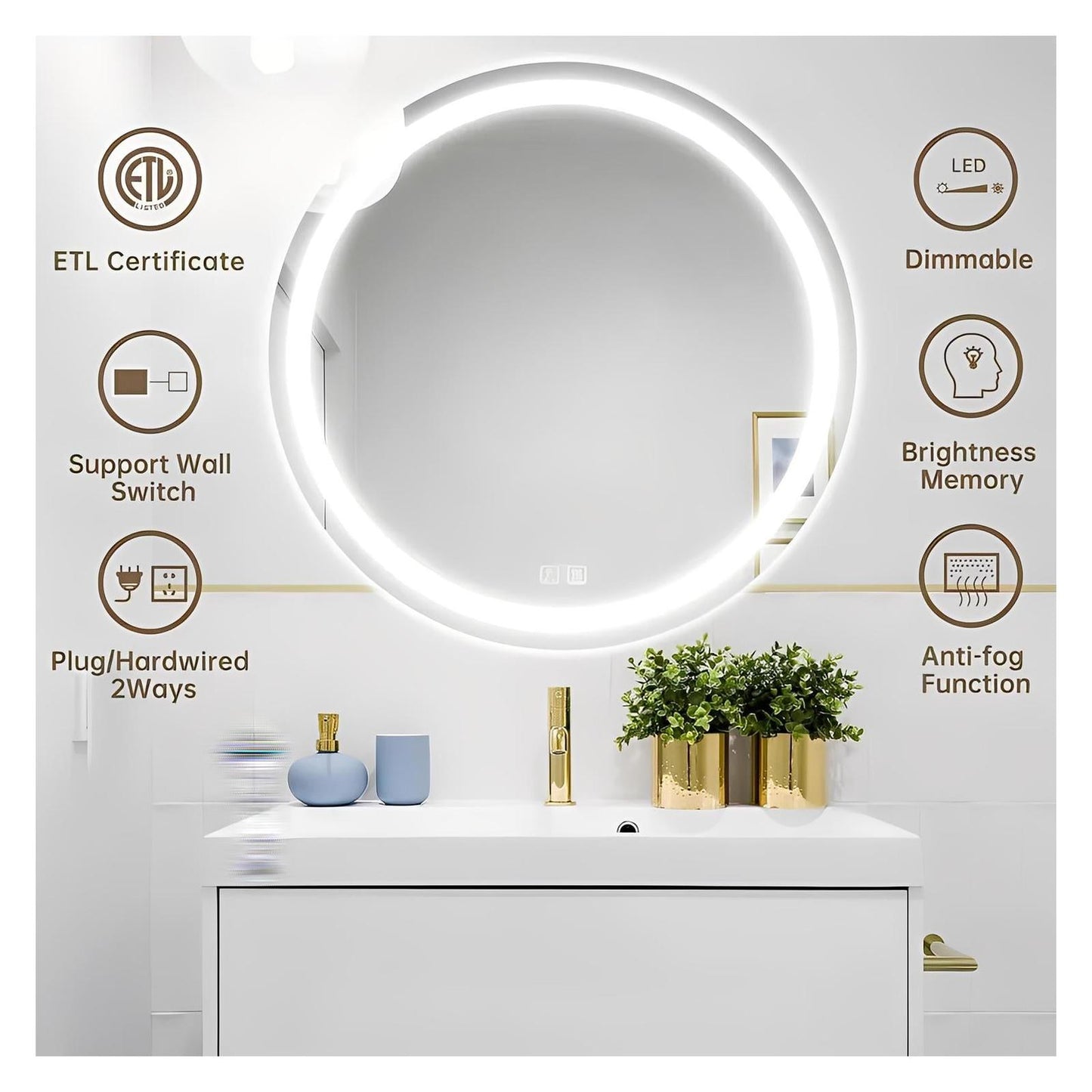 Round LED Mirror - Bathroom Vanity Mirror With Dimmable Lights and Adjustable Color Temperature