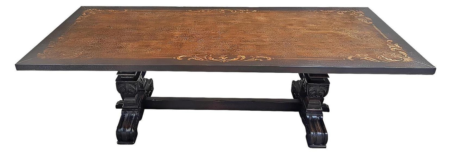 Les Baux-de-Provence Dining Table - Rectangular, Antique Black, Intricately Carved Pedestal Legs