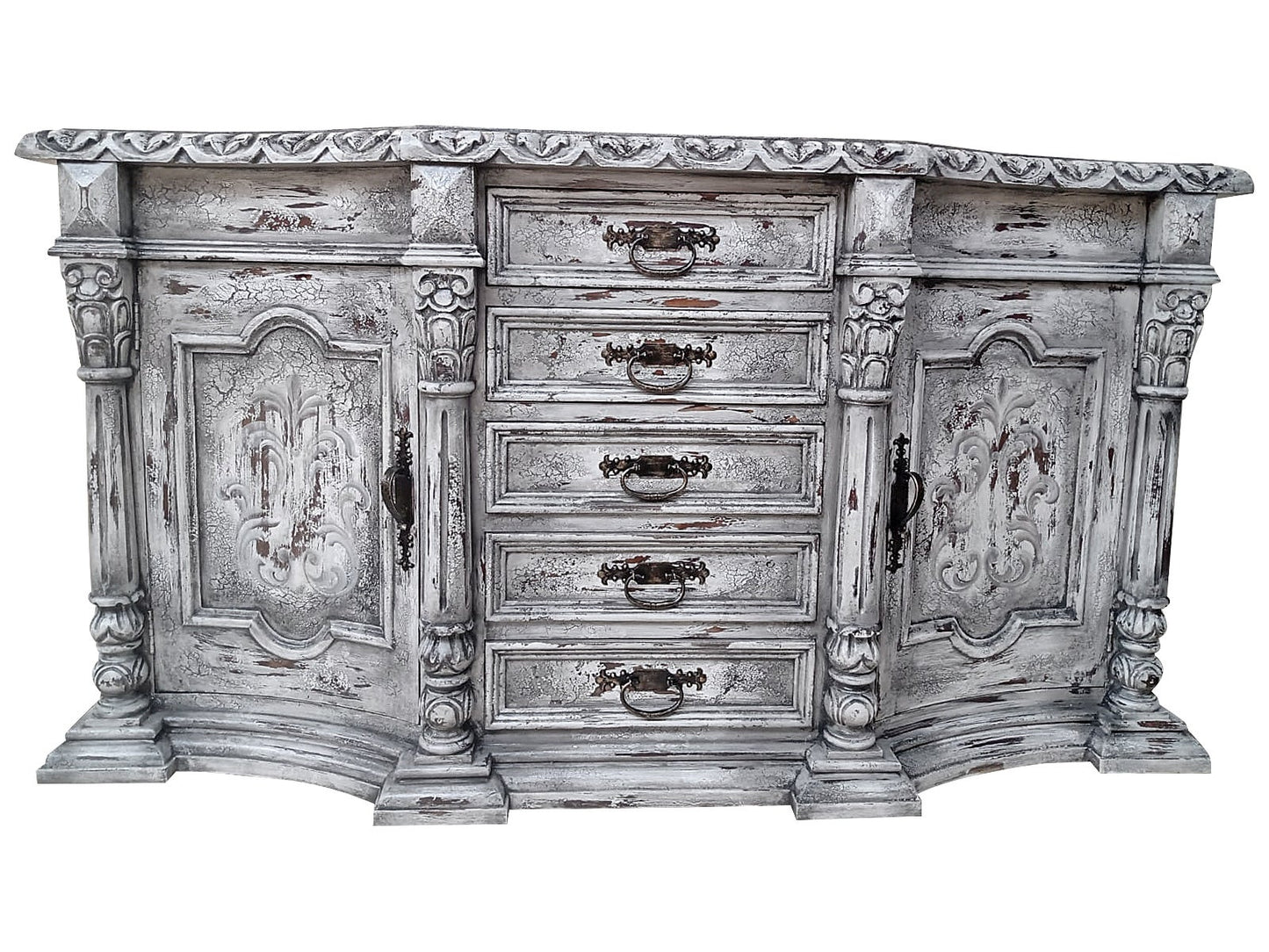 Talcy Distressed White European Style Dining Buffet Table With Ornate Carvings