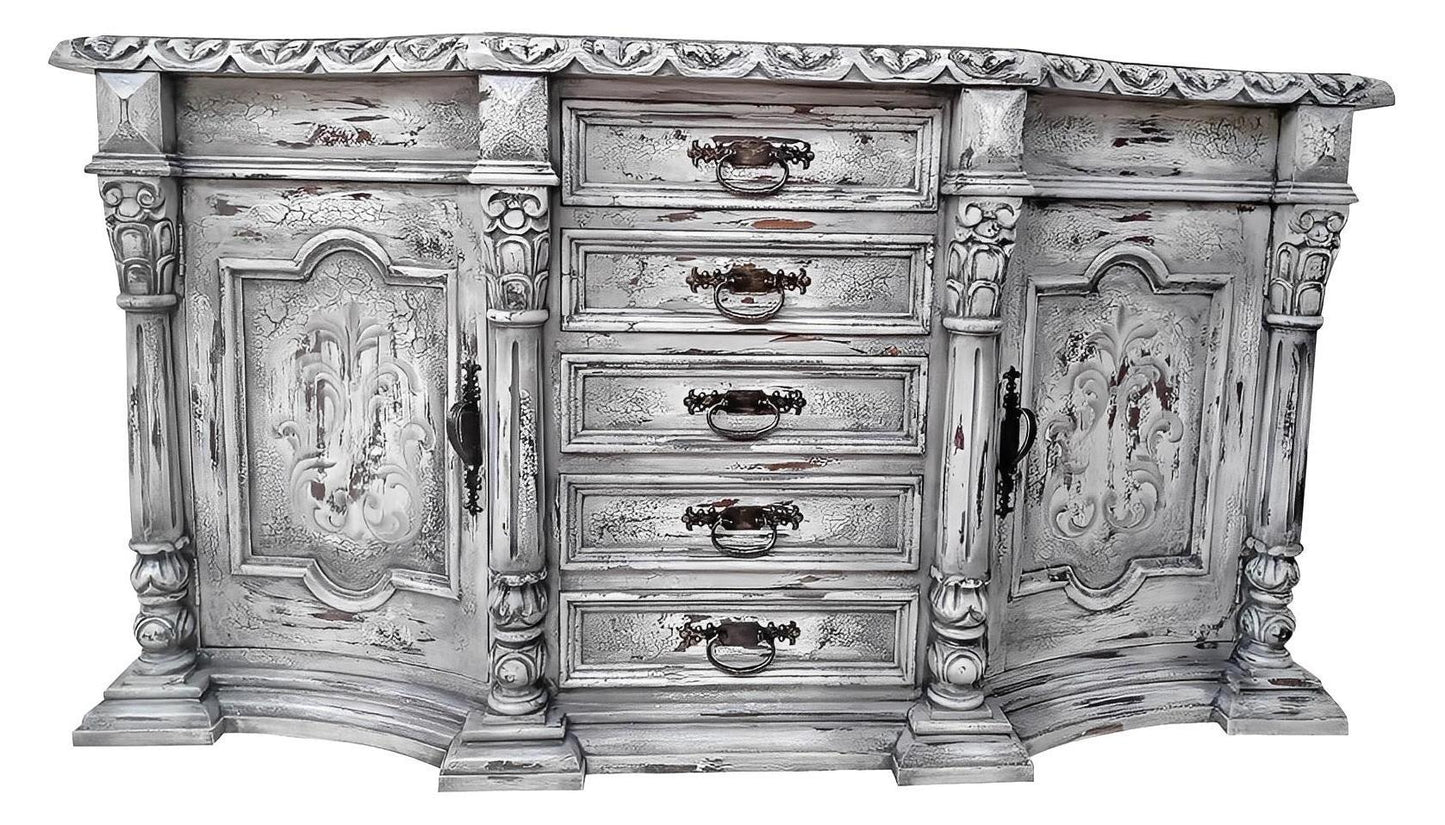 Talcy Distressed White European Style Dining Buffet Table With Ornate Carvings