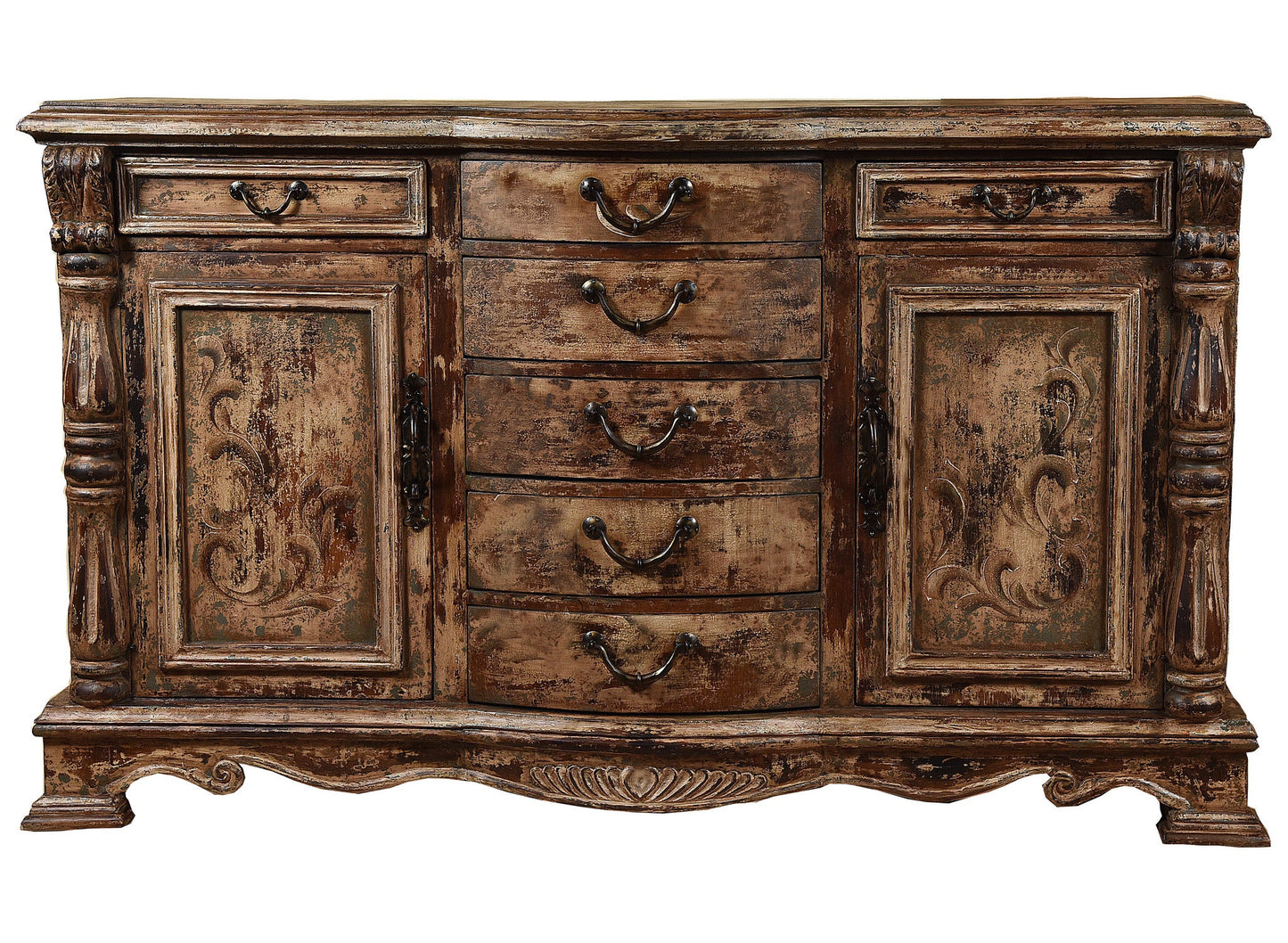 Chenonceau-Inspired Lyon Antique Walnut Dining Room Buffet Table In Distressed Finish