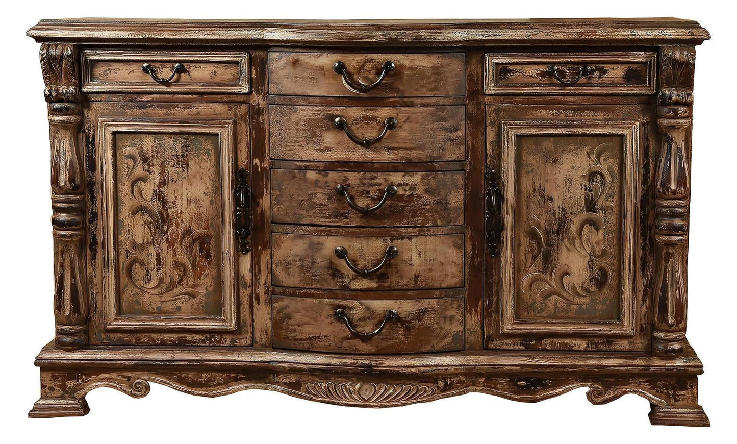 Chenonceau-Inspired Lyon Antique Walnut Dining Room Buffet Table In Distressed Finish