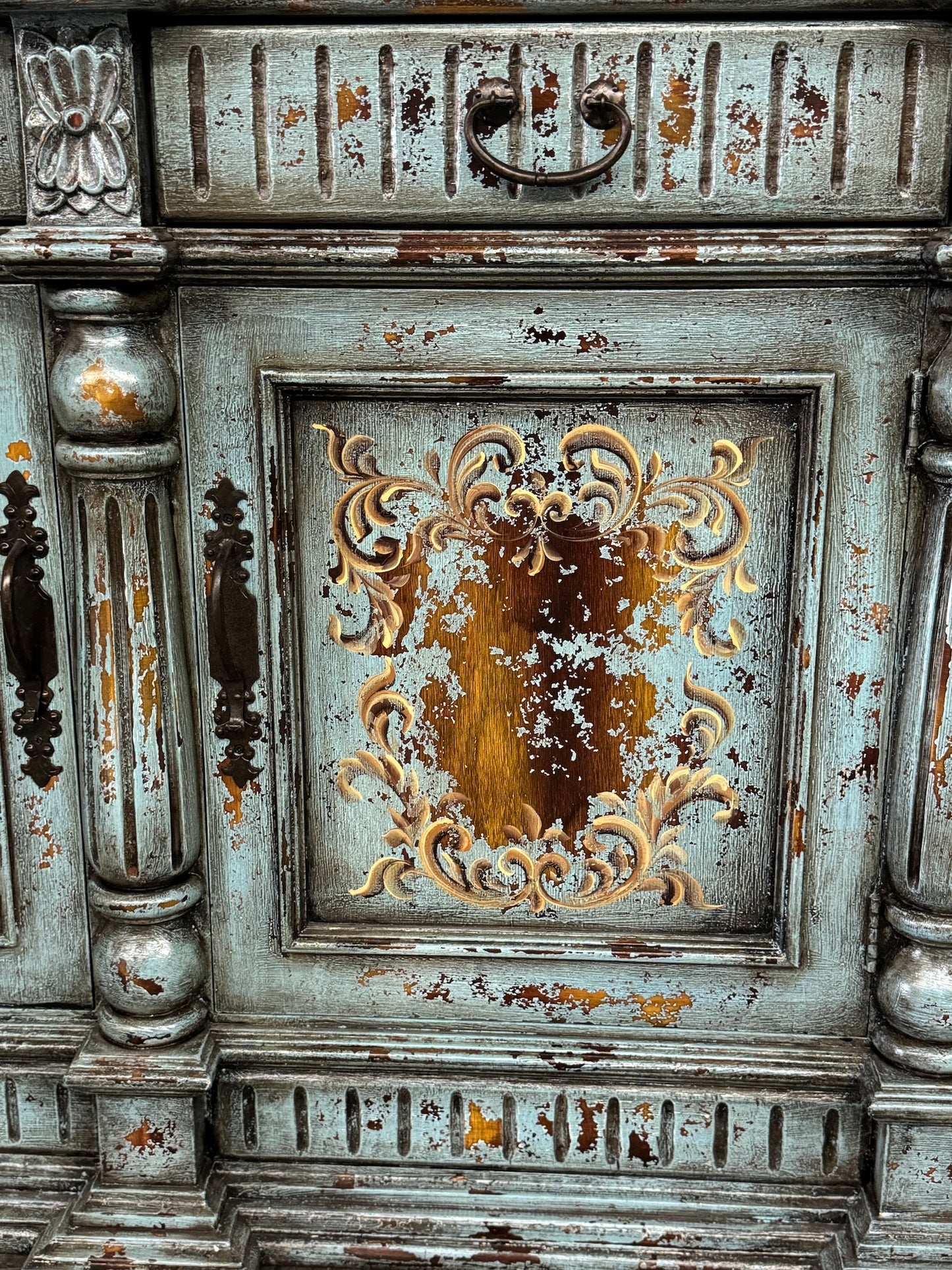 Bouchet in Brenne Turquoise Distressed Dining Buffet Table