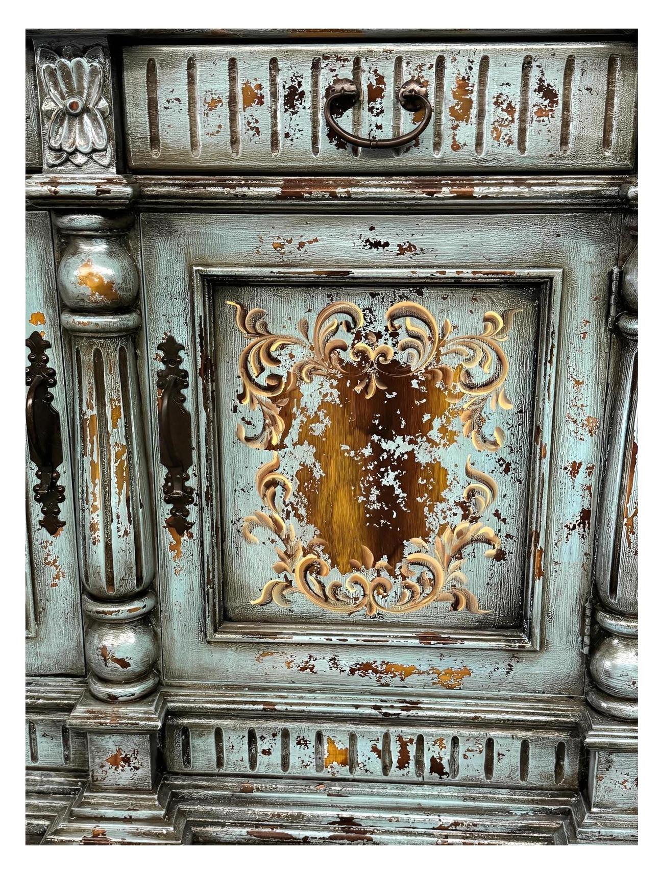 Brenne Turquoise Distressed Dining Room Buffet Table