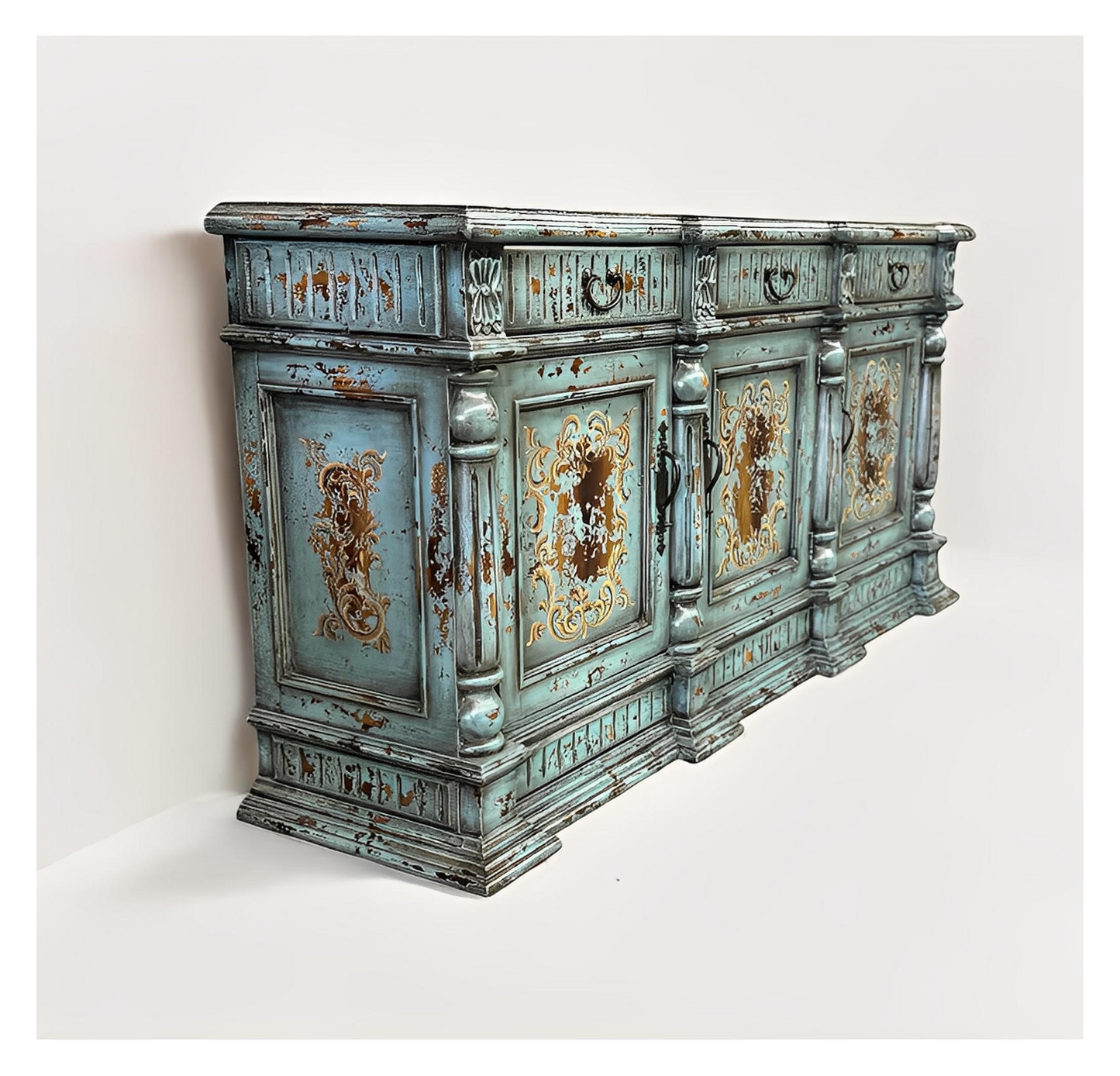 Brenne Turquoise Distressed Dining Room Buffet Table
