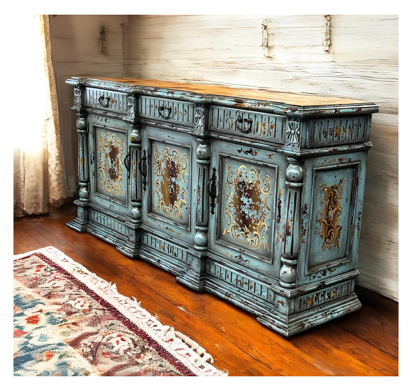 Brenne Turquoise Distressed Dining Room Buffet Table