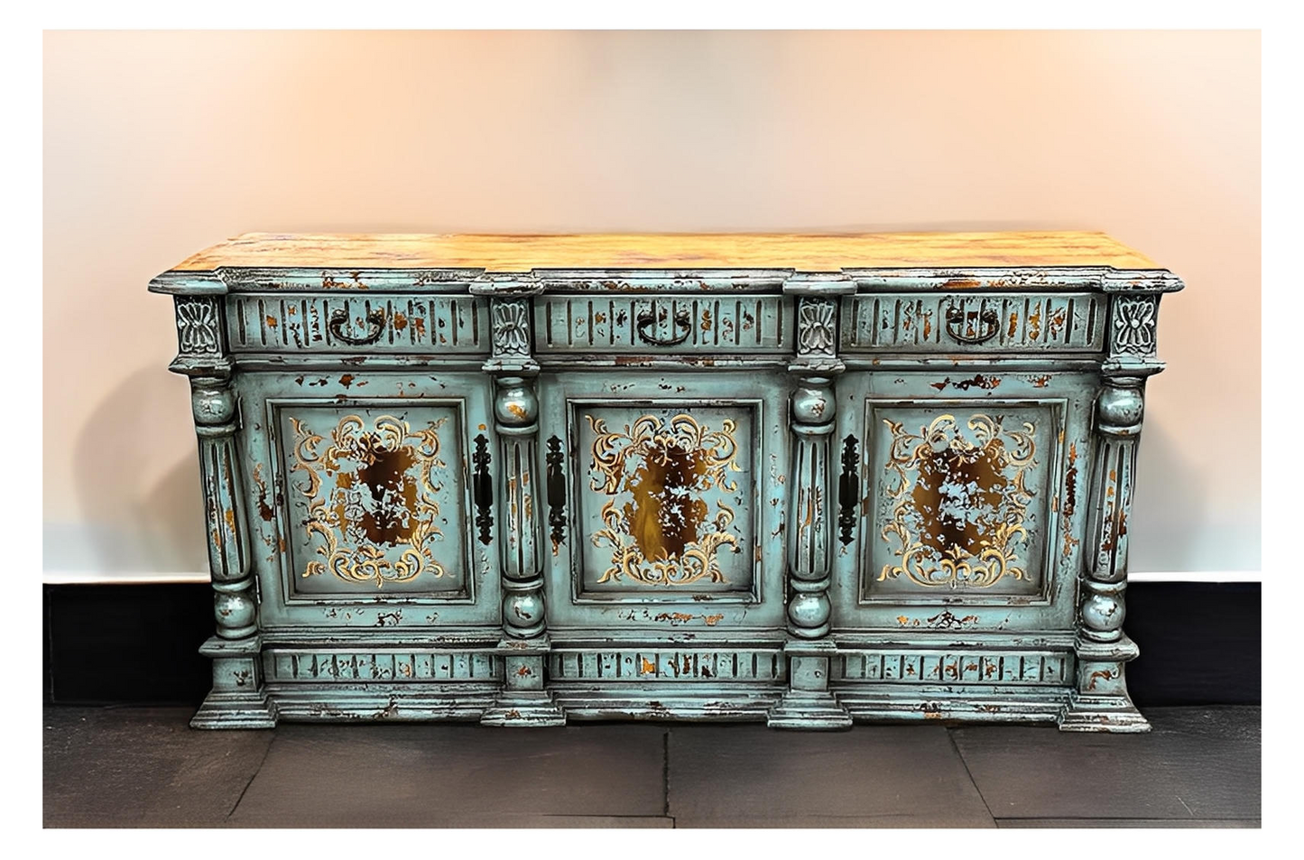 Brenne Turquoise Distressed Dining Room Buffet Table