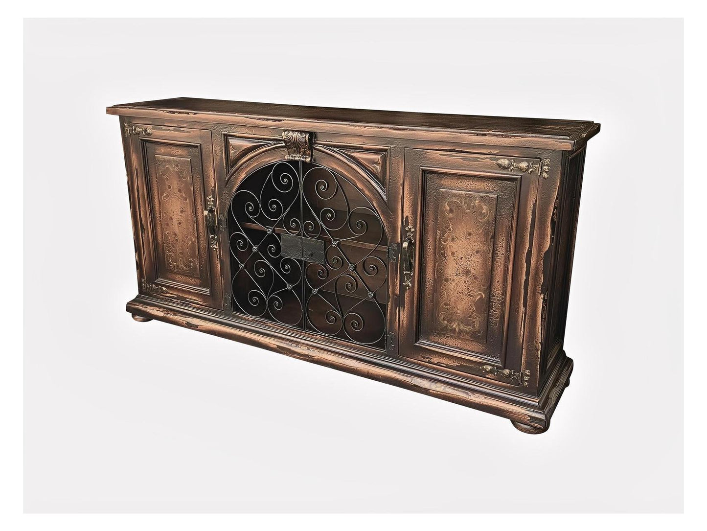 Lisbon Estate Distressed Bronze Buffet Table With Ornate Iron Scrollwork, 18.5 by 81.5 by 40
