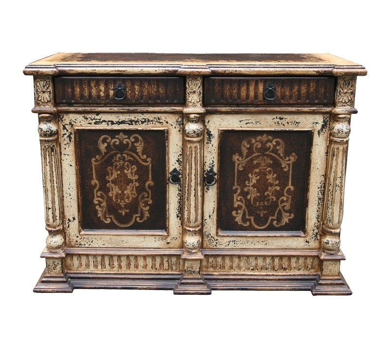 Oiron Inspired Ivory Dining Room Buffet With Distressed Walnut Panels