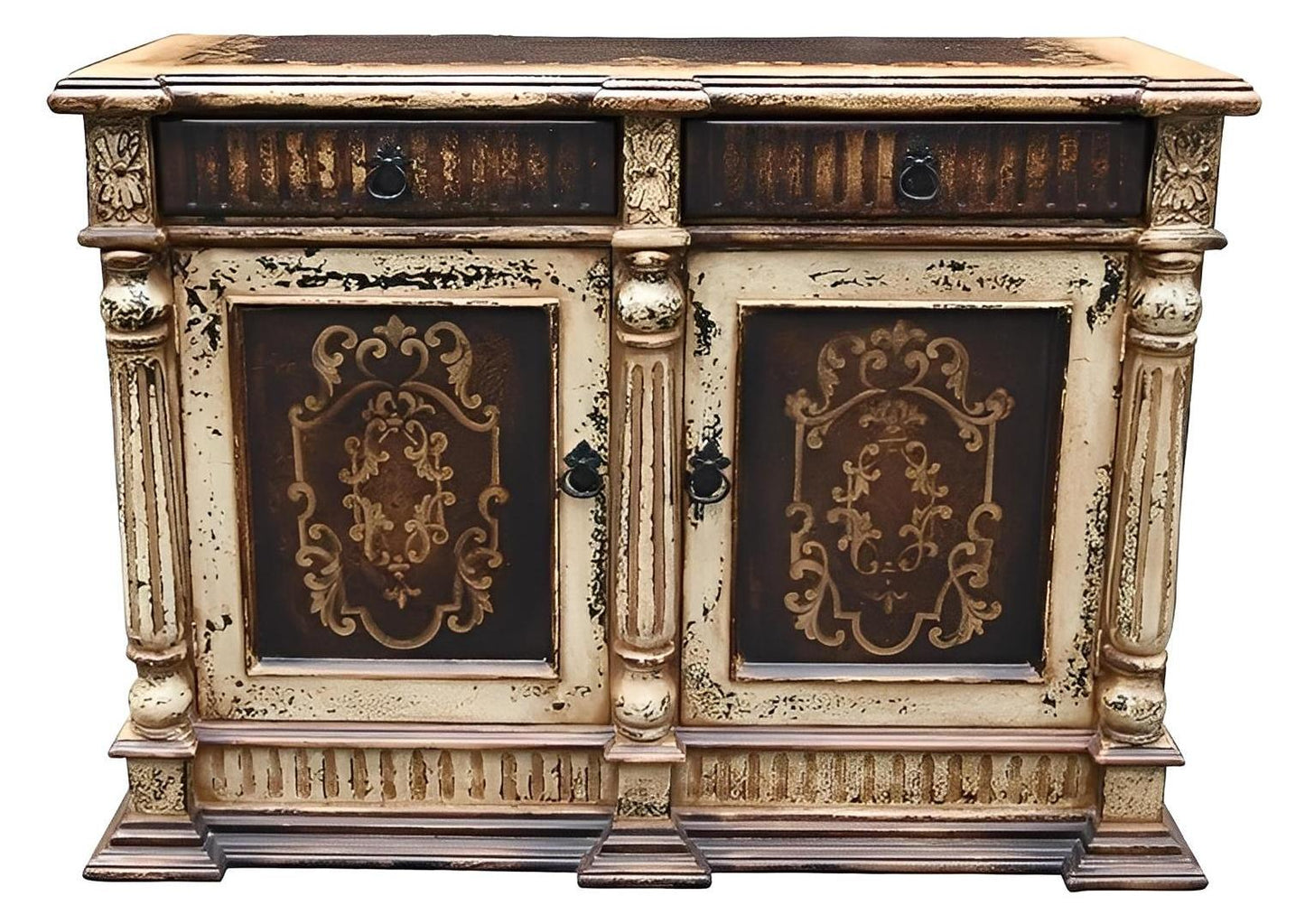 Oiron Inspired Ivory Dining Room Buffet With Distressed Walnut Panels